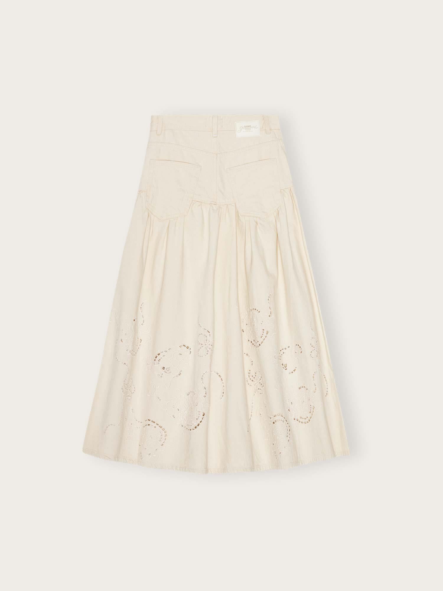 Broderie Anglaise Denim Long Skirt - Egret