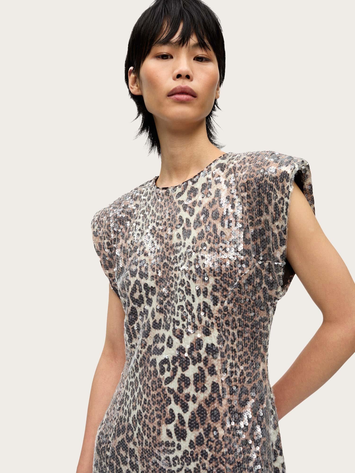 Printed Stretch Sequins Slit Long Dress - Leopard