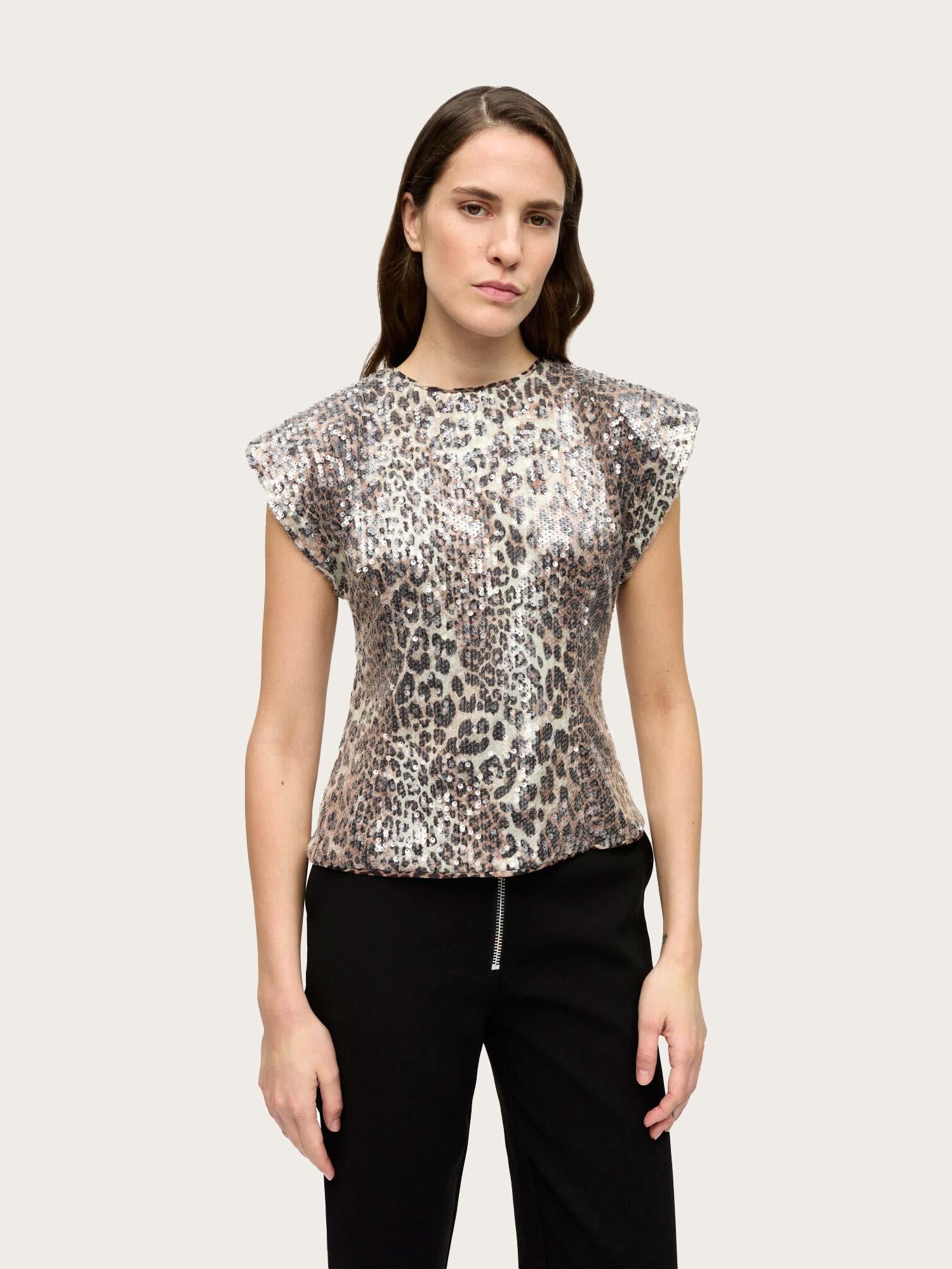Printed Stretch Sequins Blouse - Leopard