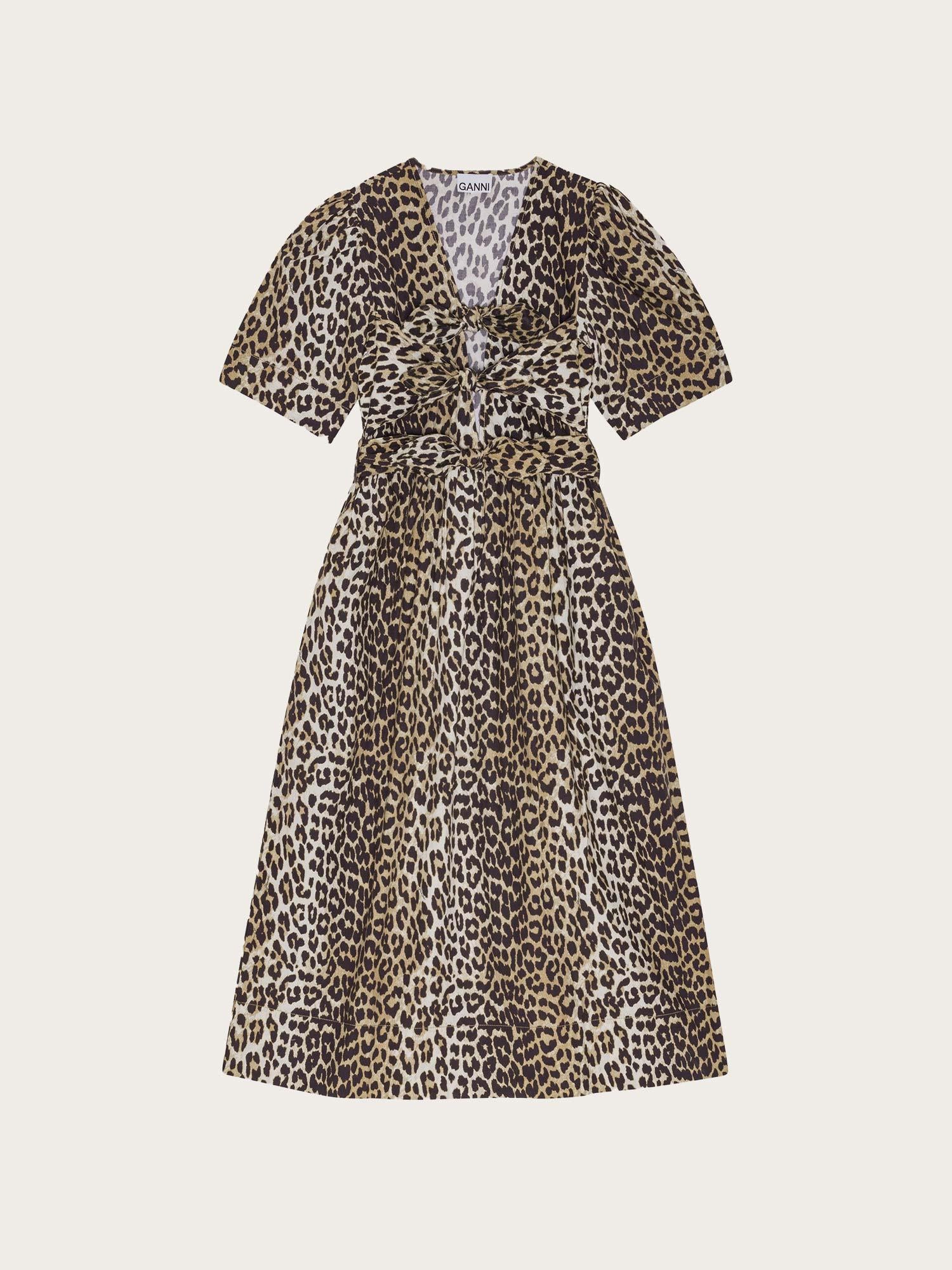 Printed Cotton Tie Strap Midi Dress - Leopard