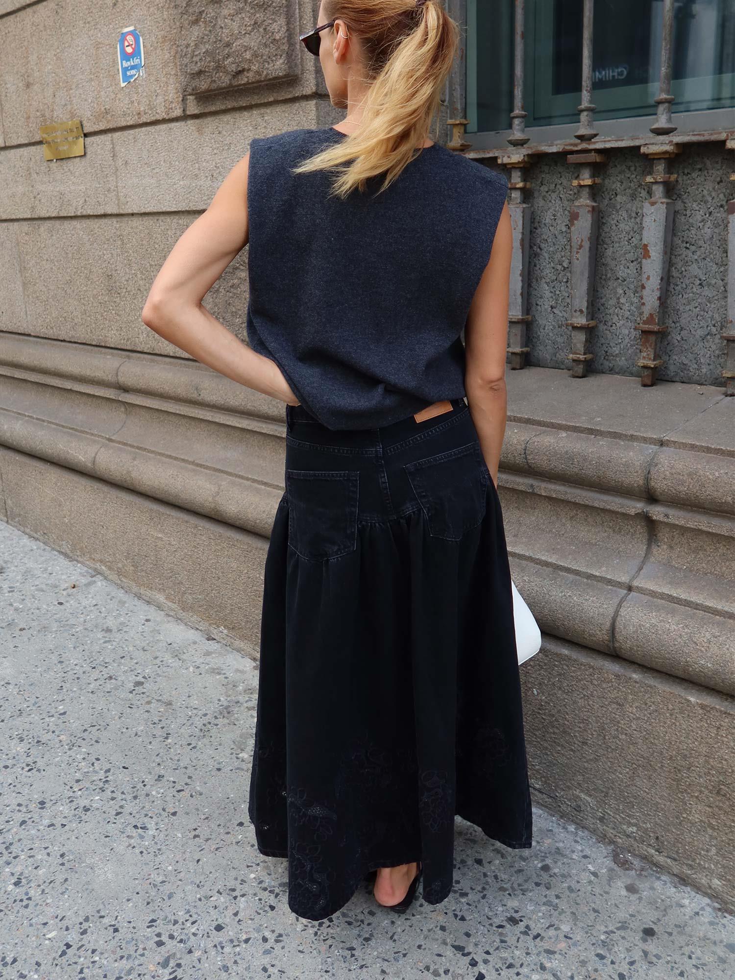 Broderie Anglaise Denim Midi Skirt - Black Washed