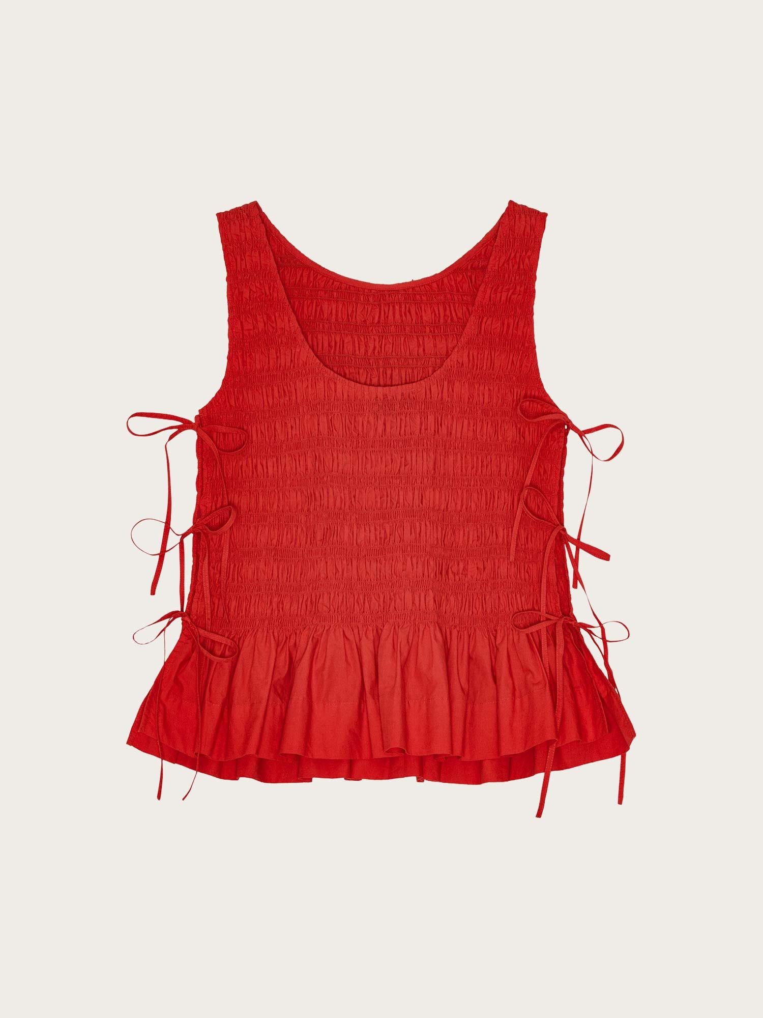 W0904 Cotton Poplin Smock Tie String Top - Racing Red