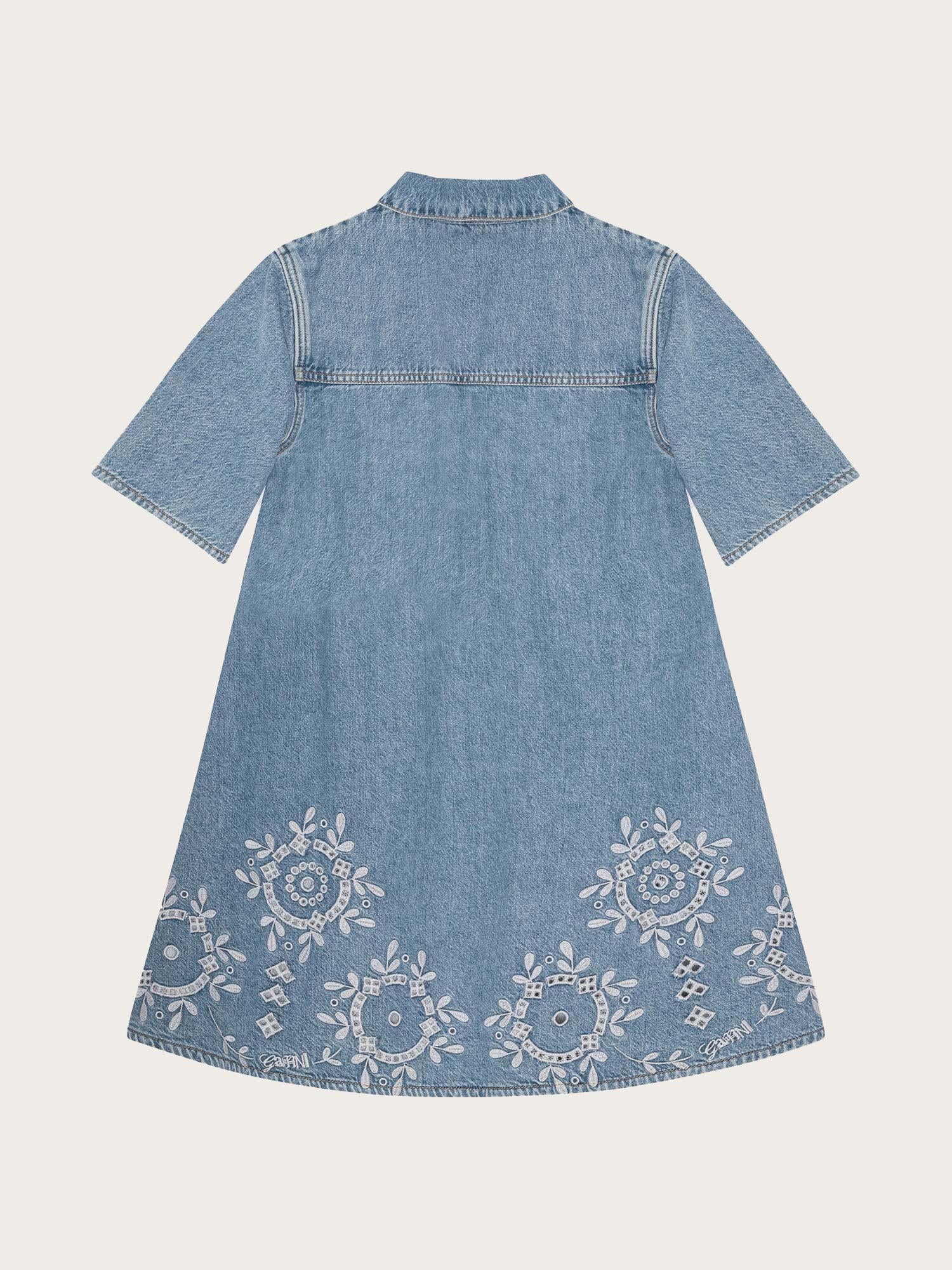 Broderie Anglaise Denim Mini Dress - Light Blue Stone