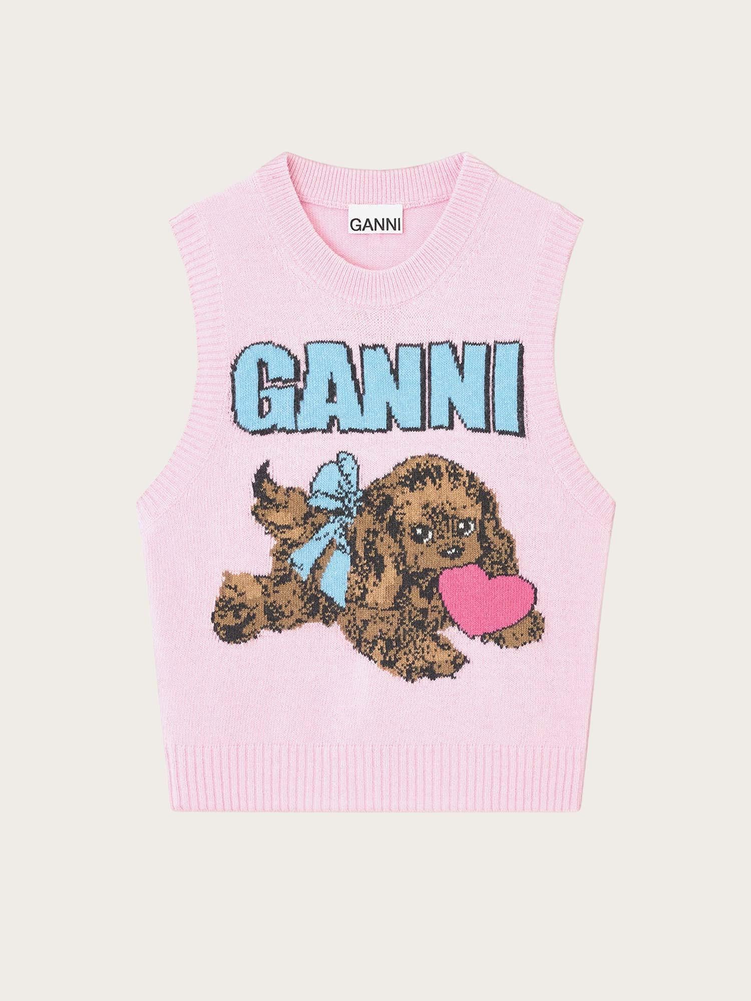 Graphic Wool Mix Pink Puppy Love Vest - Chalk Pink