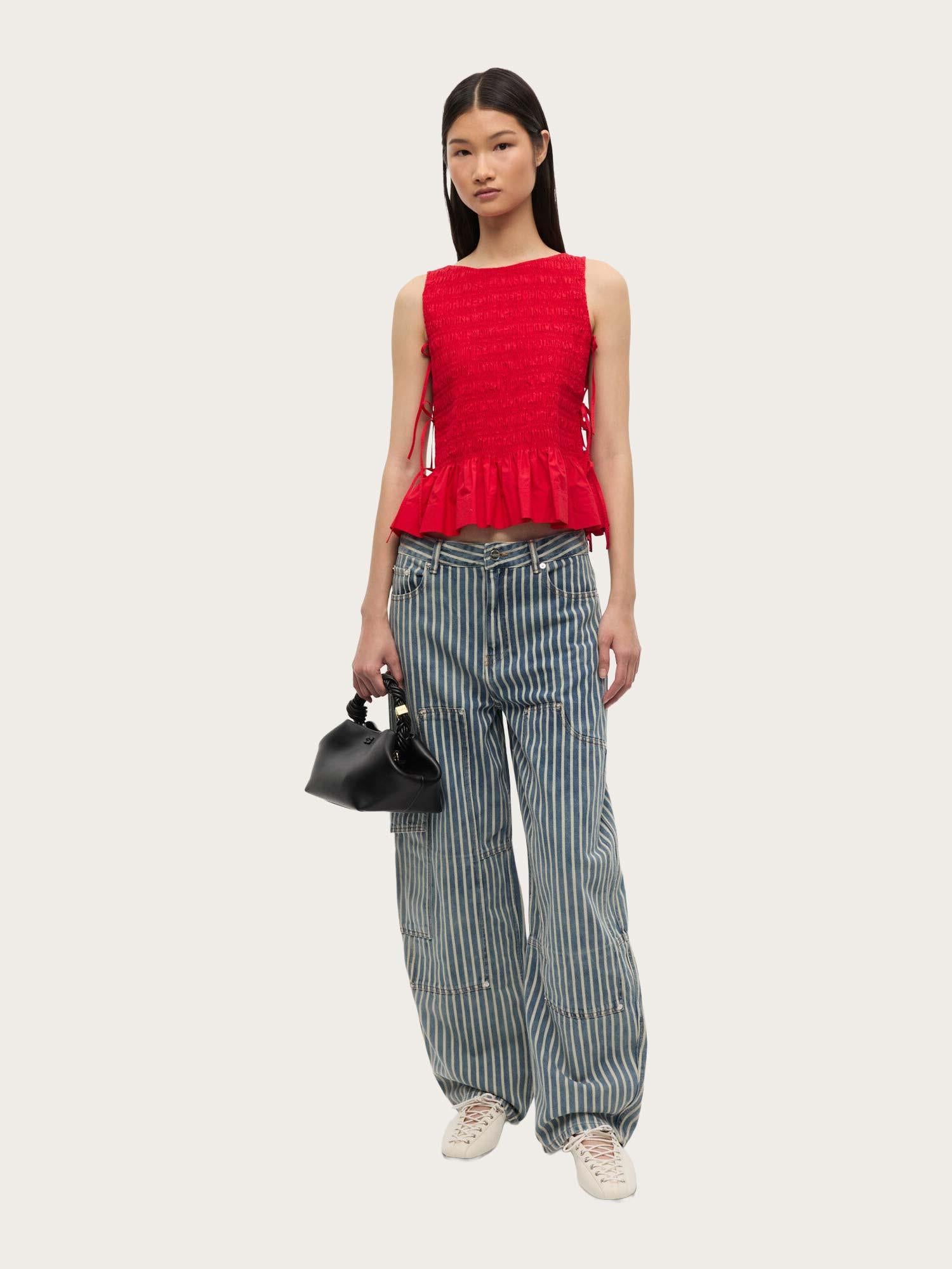 W0904 Cotton Poplin Smock Tie String Top - Racing Red