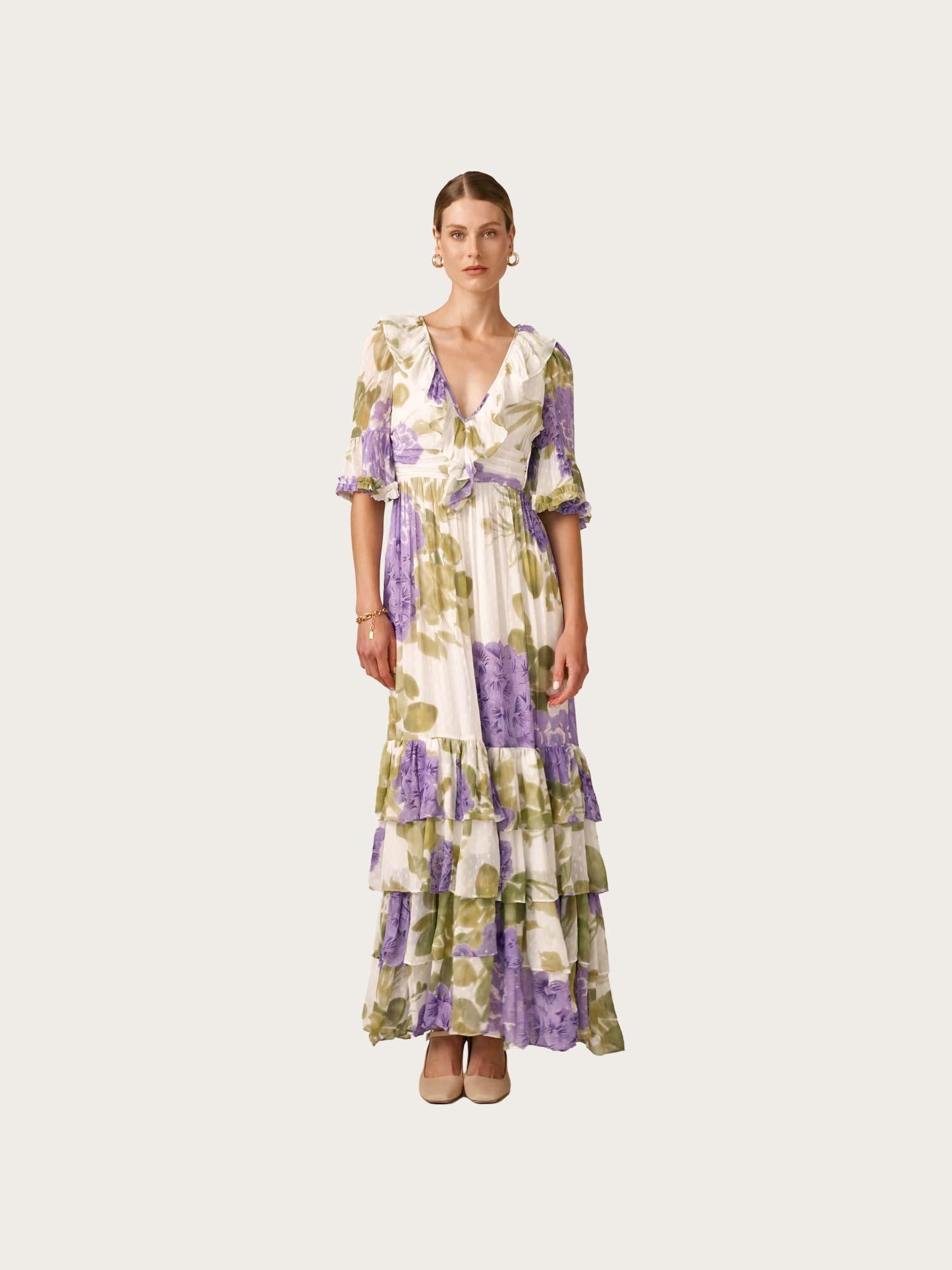 Dotted Georgette Rouching Dress - Purple Flowerfield