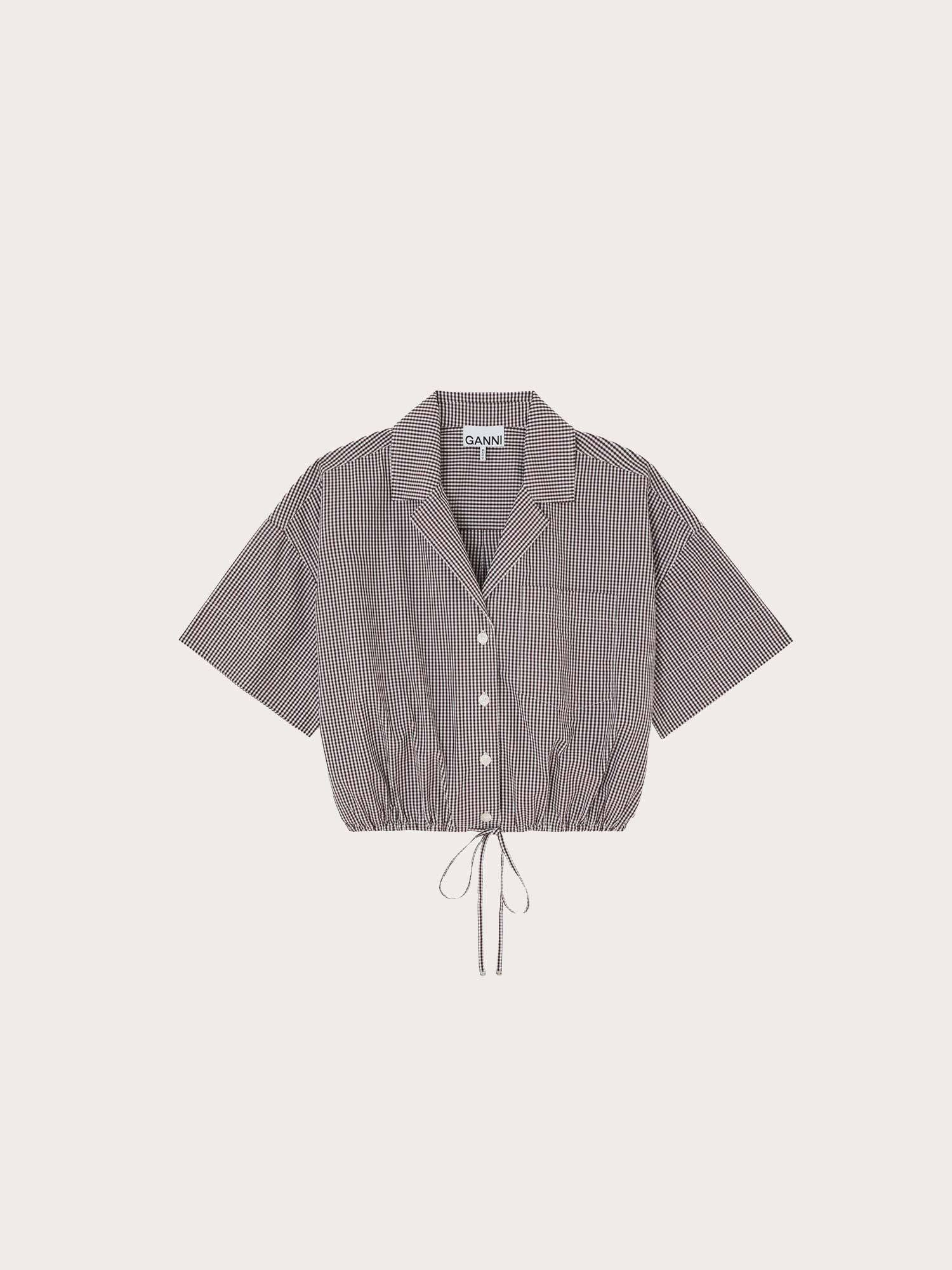 Check Cotton Cropped Bowling Shirt - Chicory Coffee