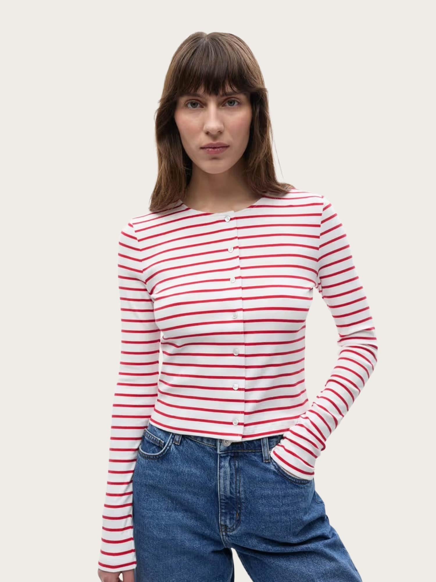 Enally LS O-N Cardigan ST - Salsa White Stripe