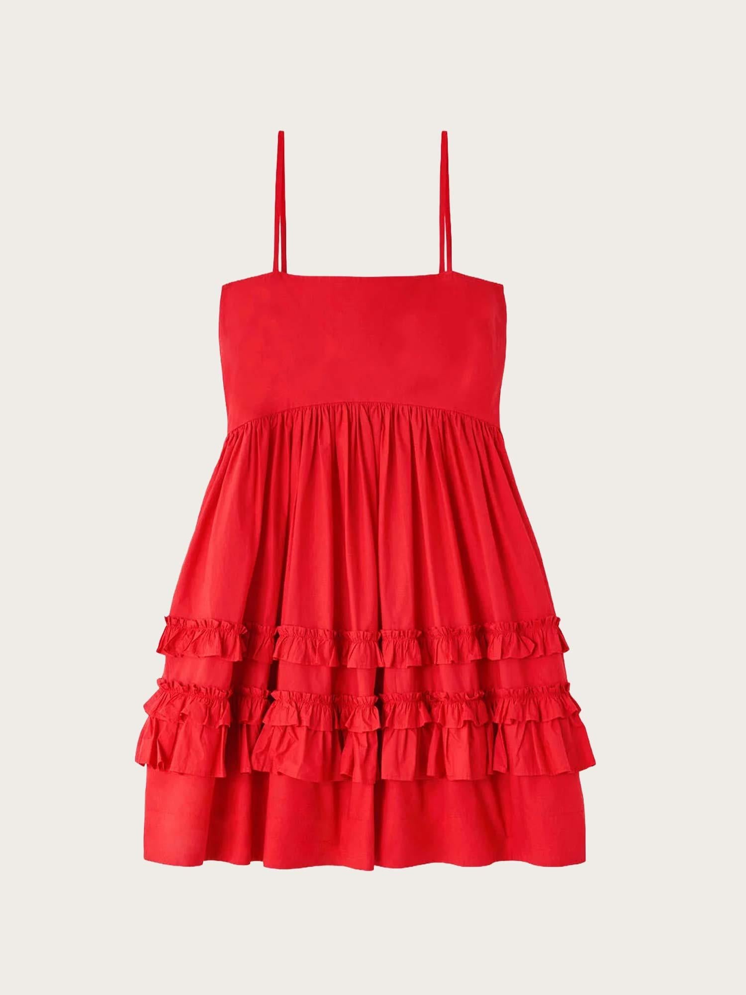 Cotton Poplin Mini Strap Frill Dress - Racing Red