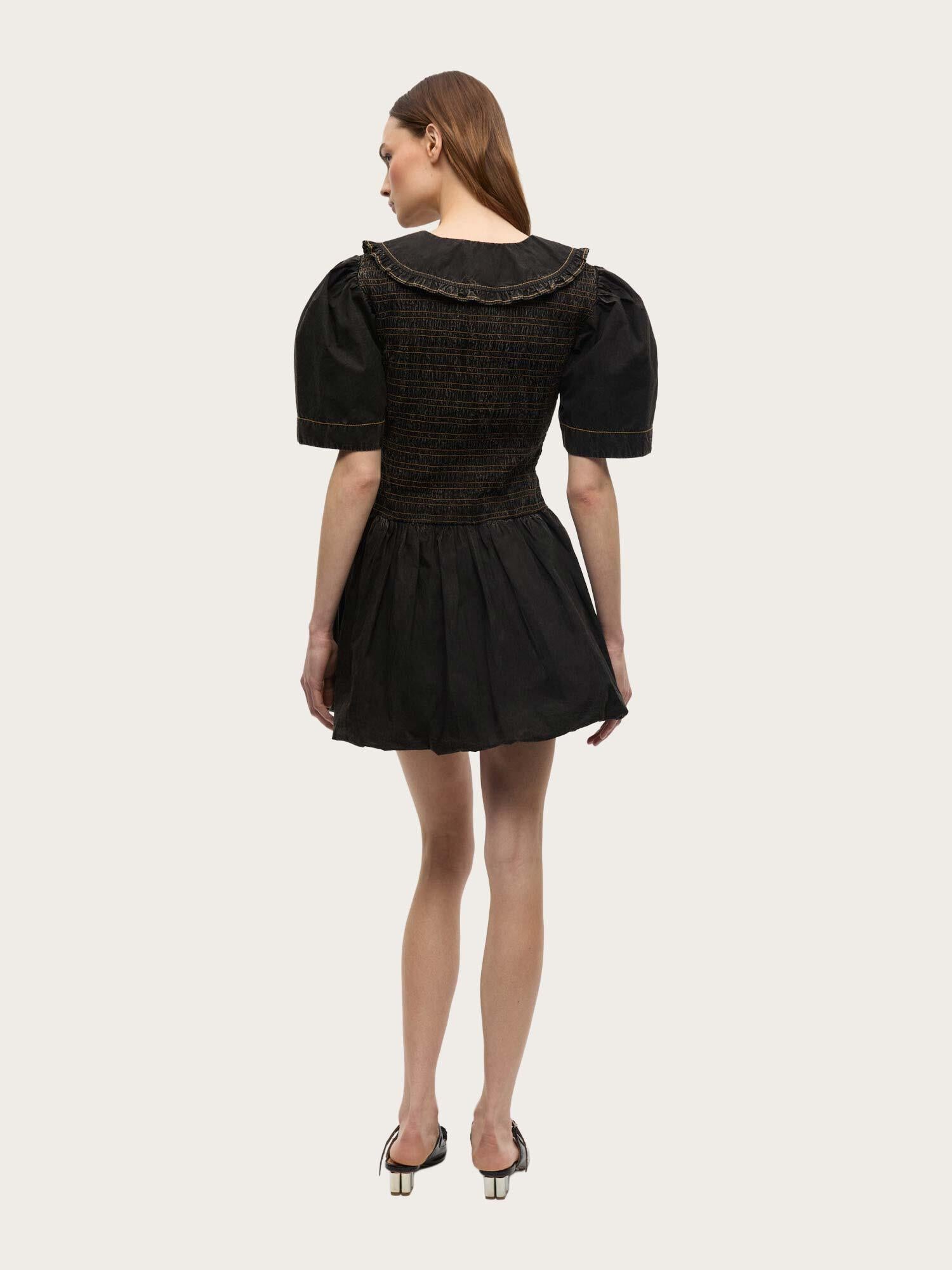 Garment Dyed Cotton Mini Smock Bubble Dress - Black