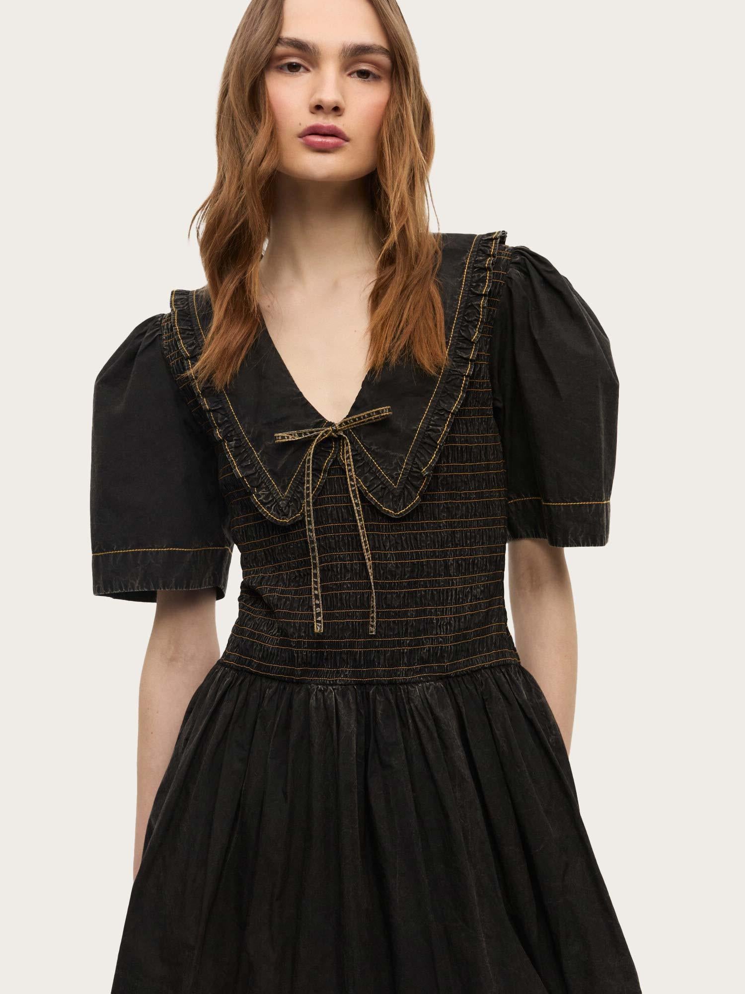 Garment Dyed Cotton Mini Smock Bubble Dress - Black