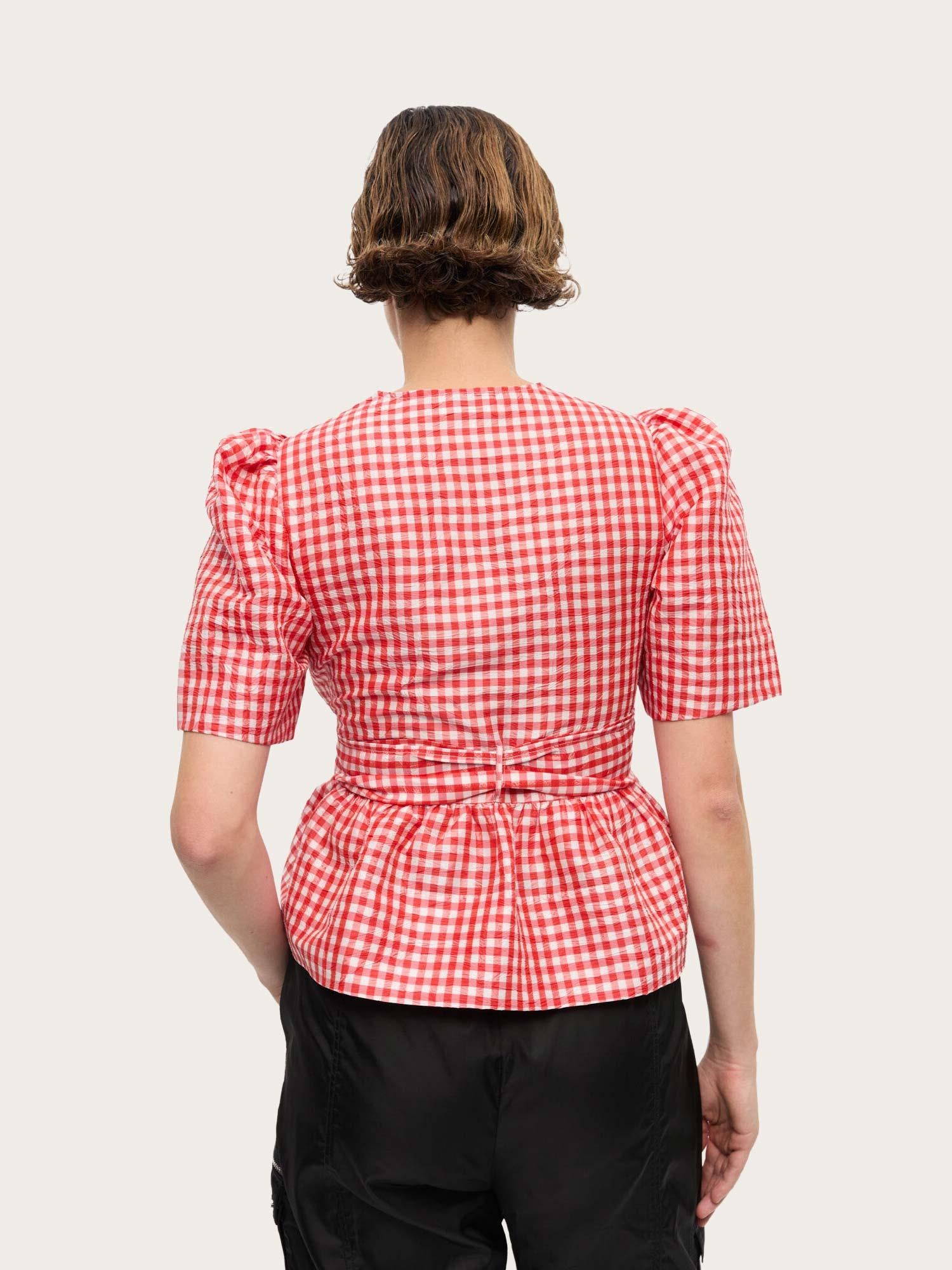 Crinkled Taffeta Check Tie Strap Blouse - Red Alert