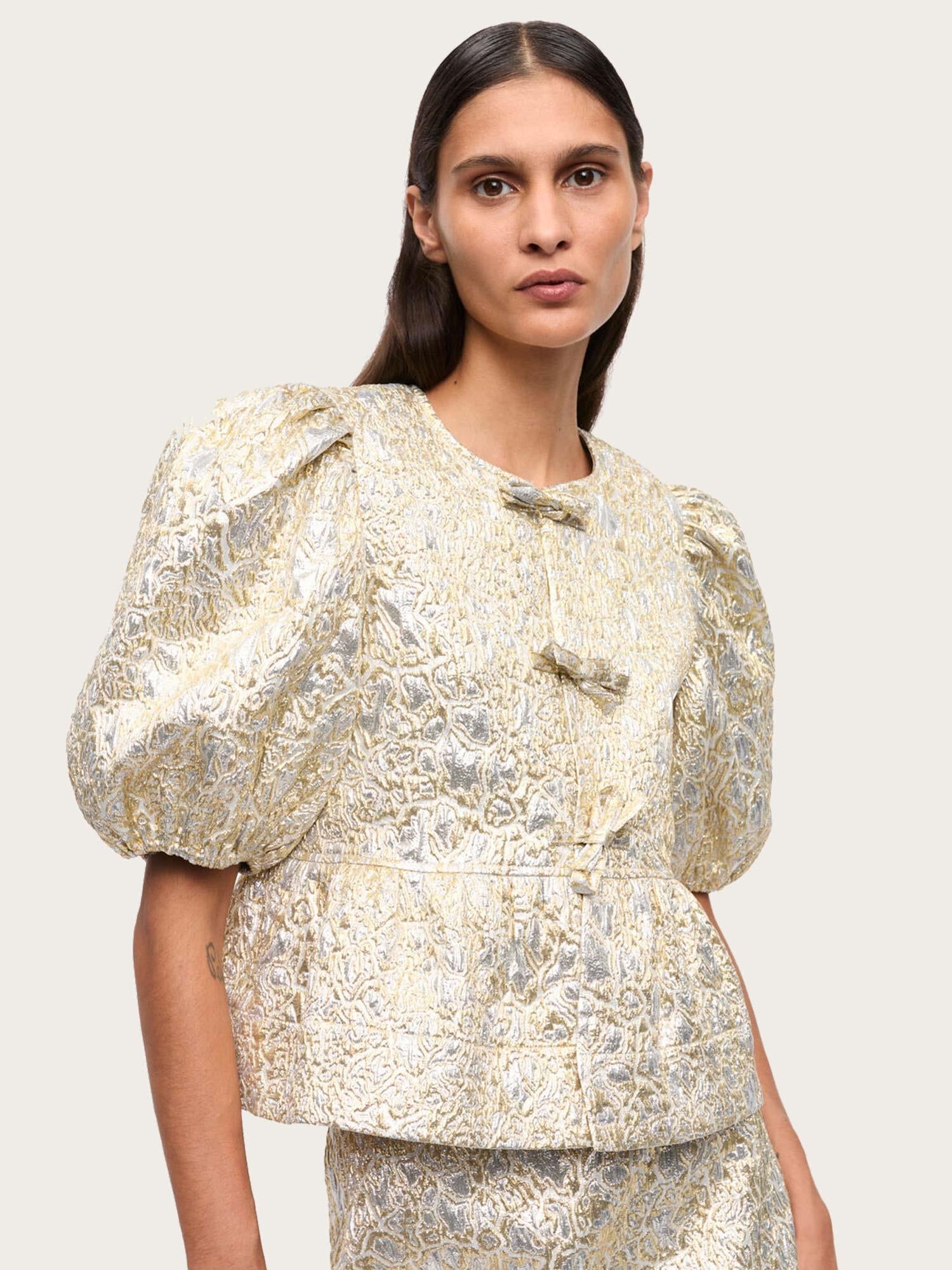 Metallic Cloque Peplum Blouse - Gold/Silver
