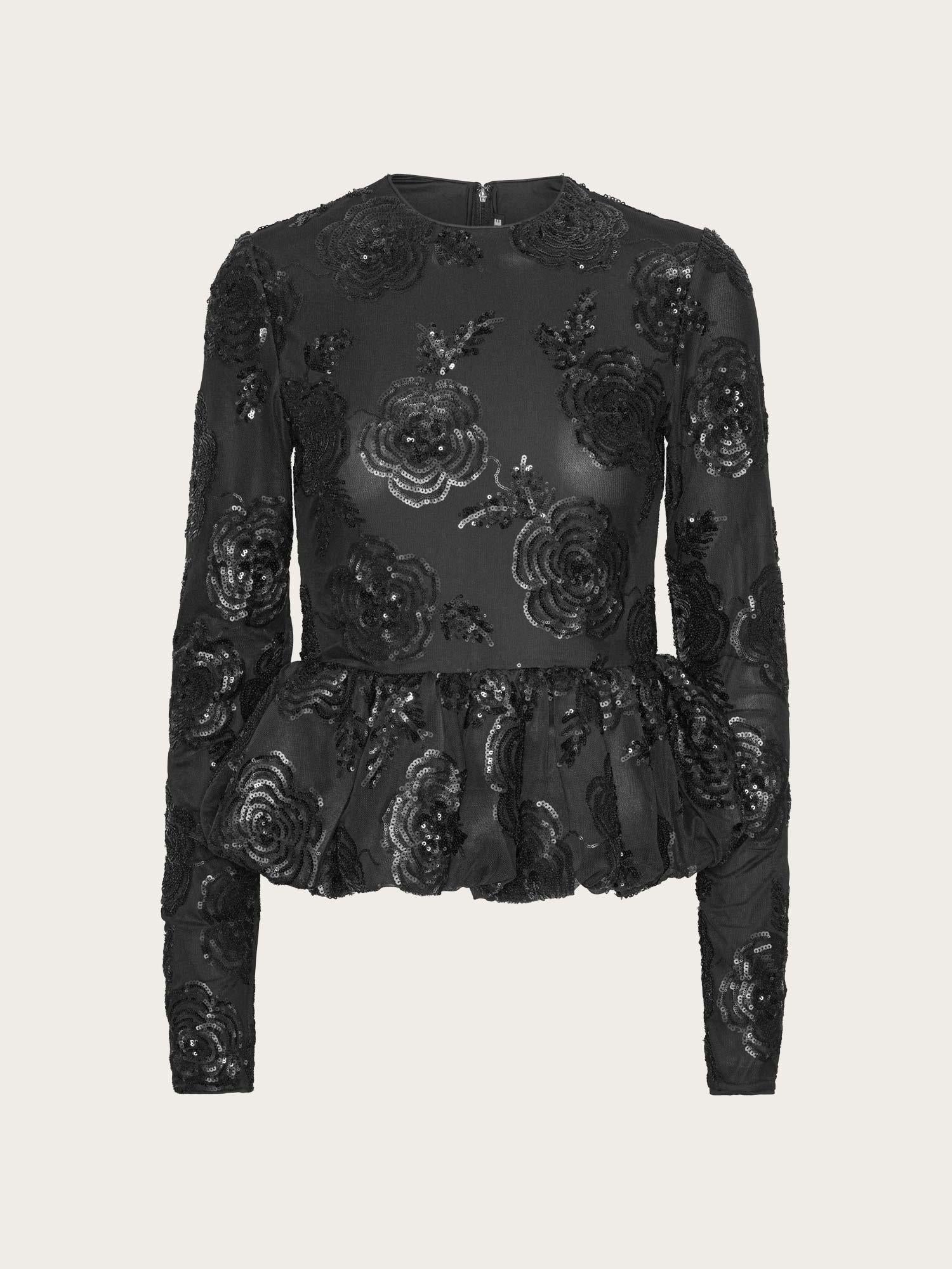 Sequins LS Bubble Top - Black