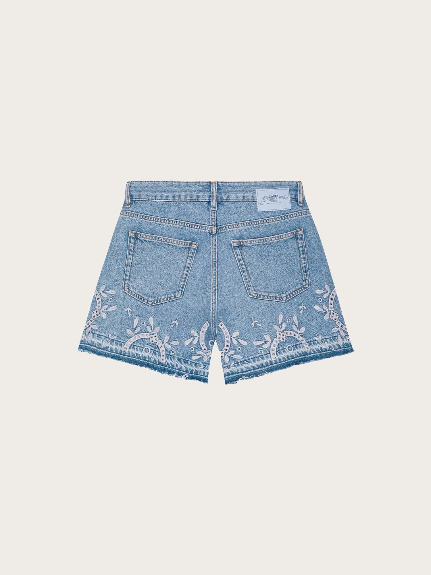 Broderie Anglaise Denim Shorts - Light Blue Stone