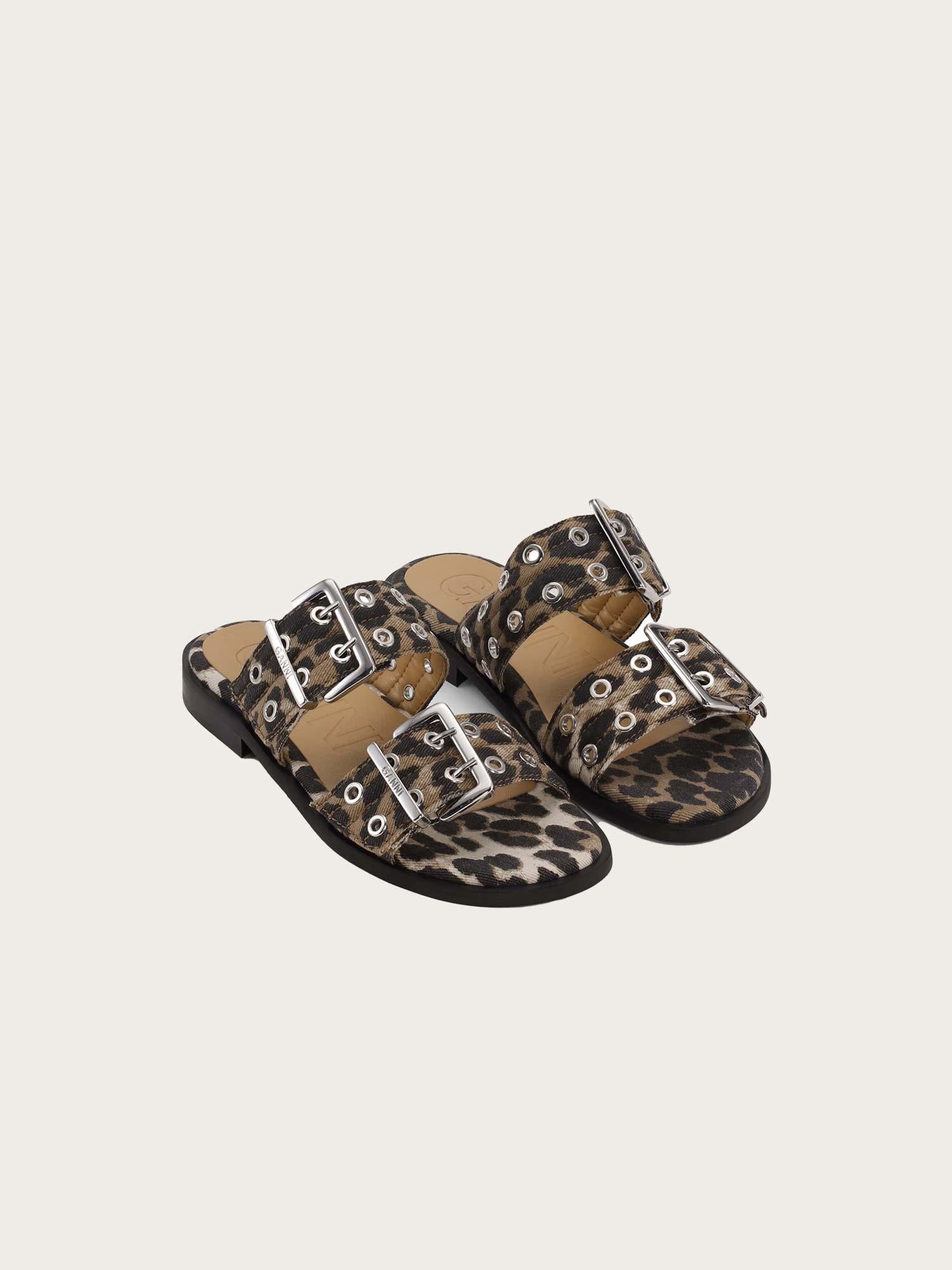 Feminine Buckle Two Strap Sandal Denim Print - Leopard