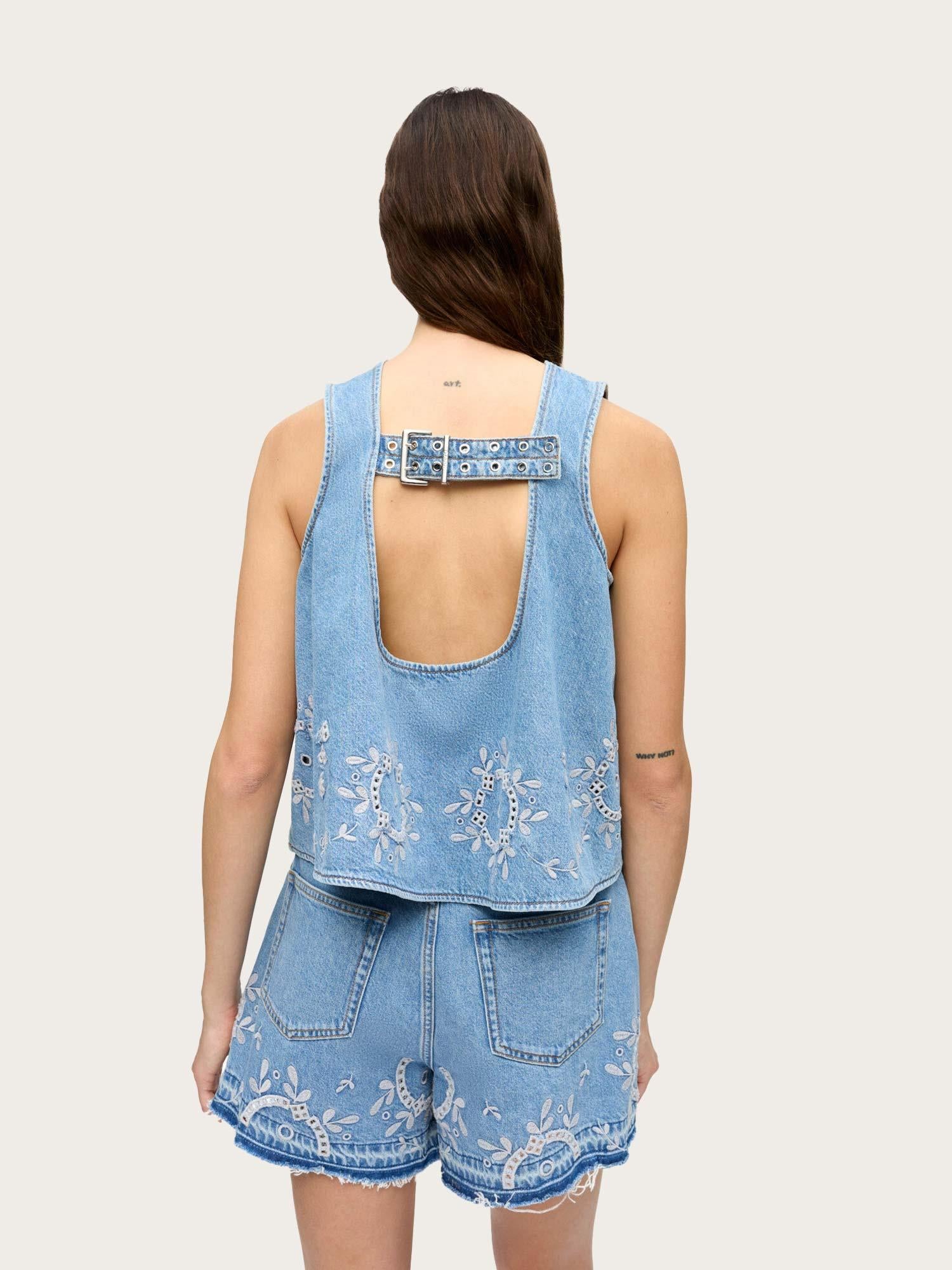 Broderie Anglaise Denim Top - Light Blue Stone