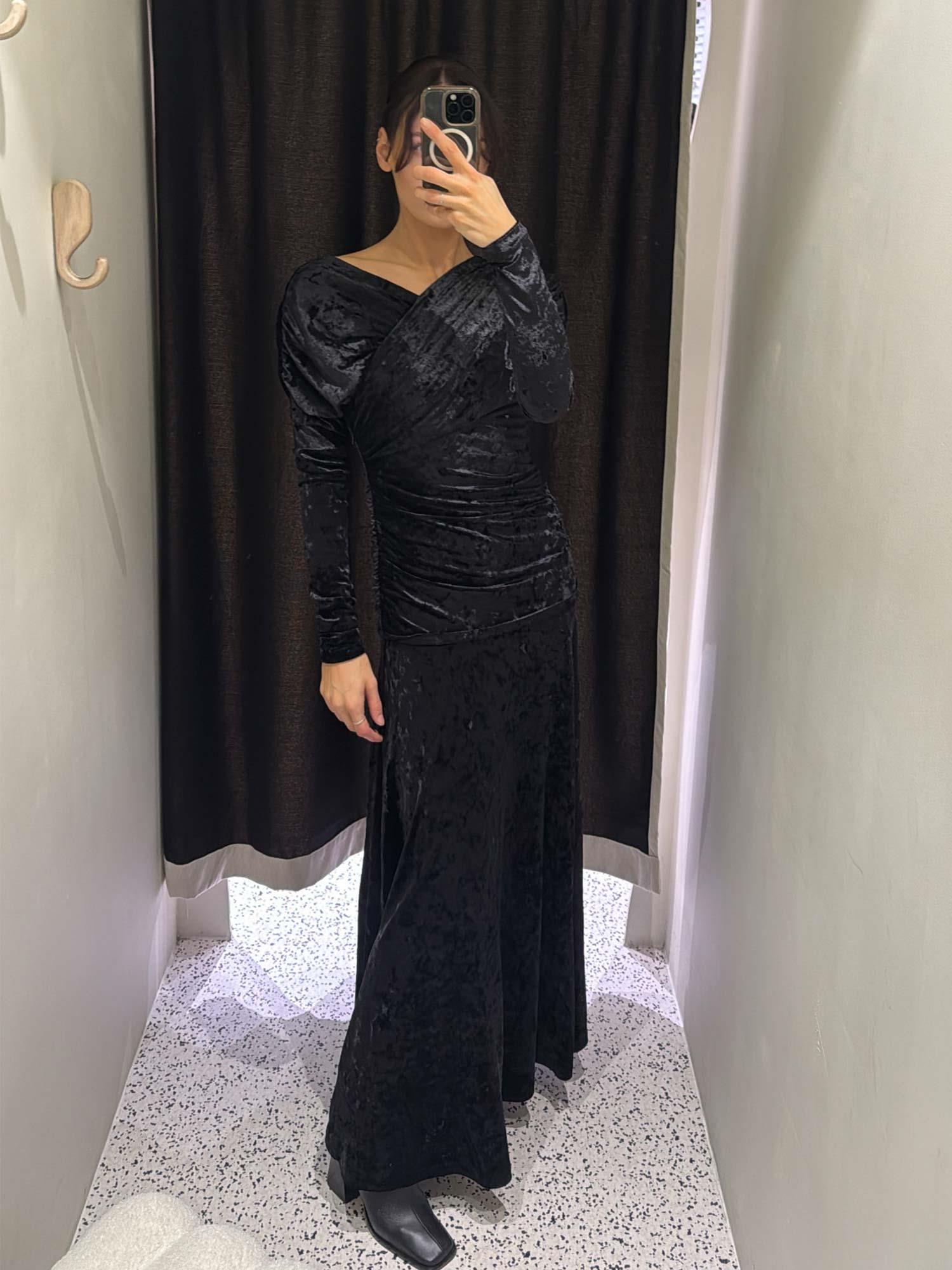 Velour Jersey Ruched Long Dress - Black