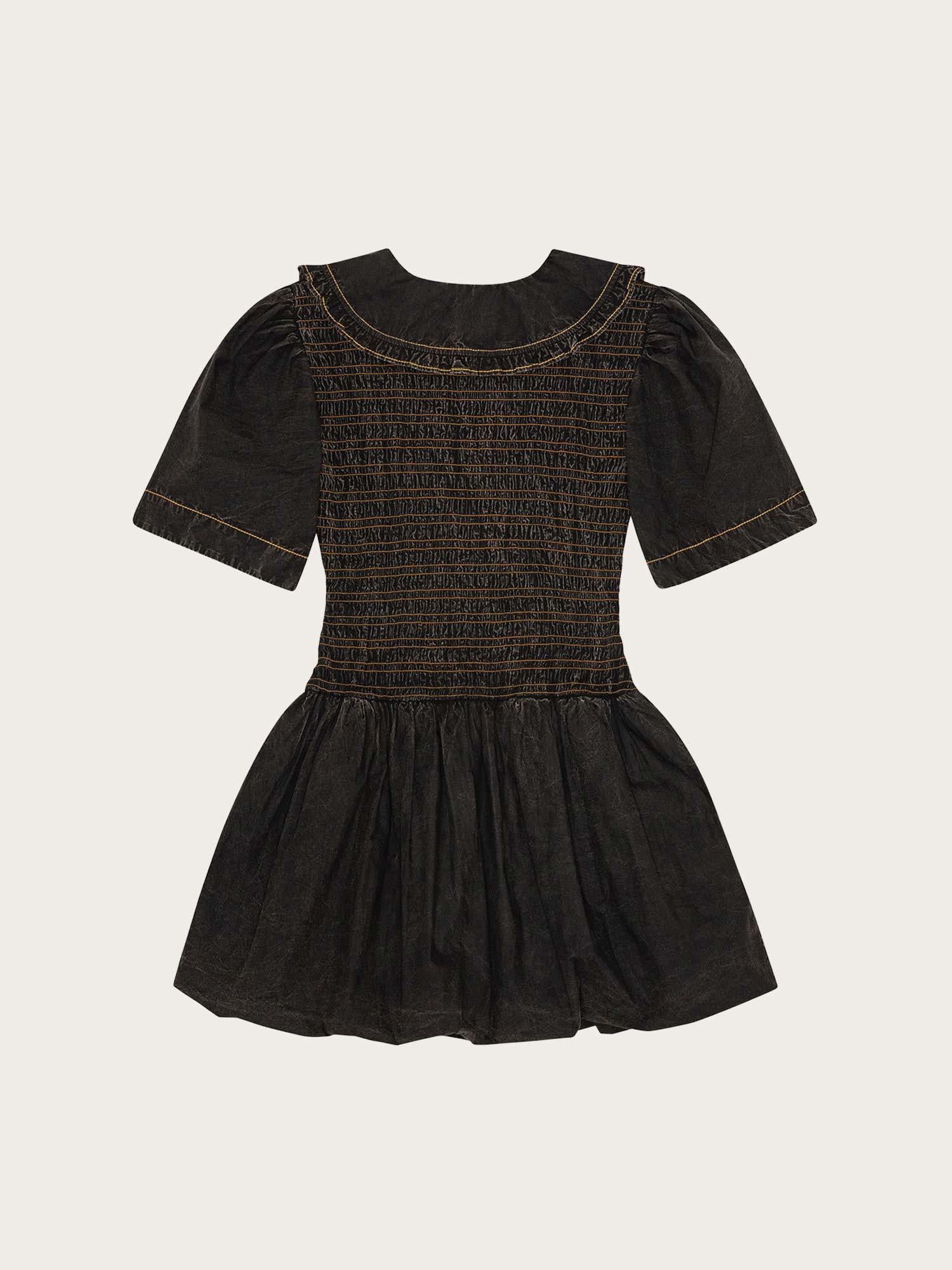 Garment Dyed Cotton Mini Smock Bubble Dress - Black