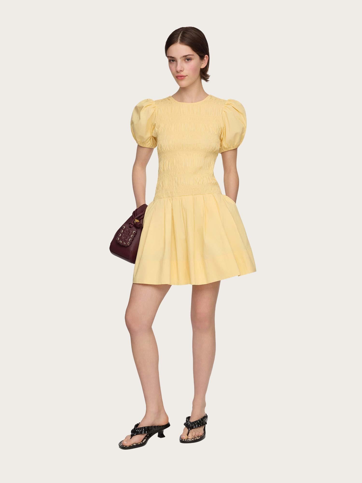 Stretch Cotton Mini Smocked Pleated Dress - Italian Straw