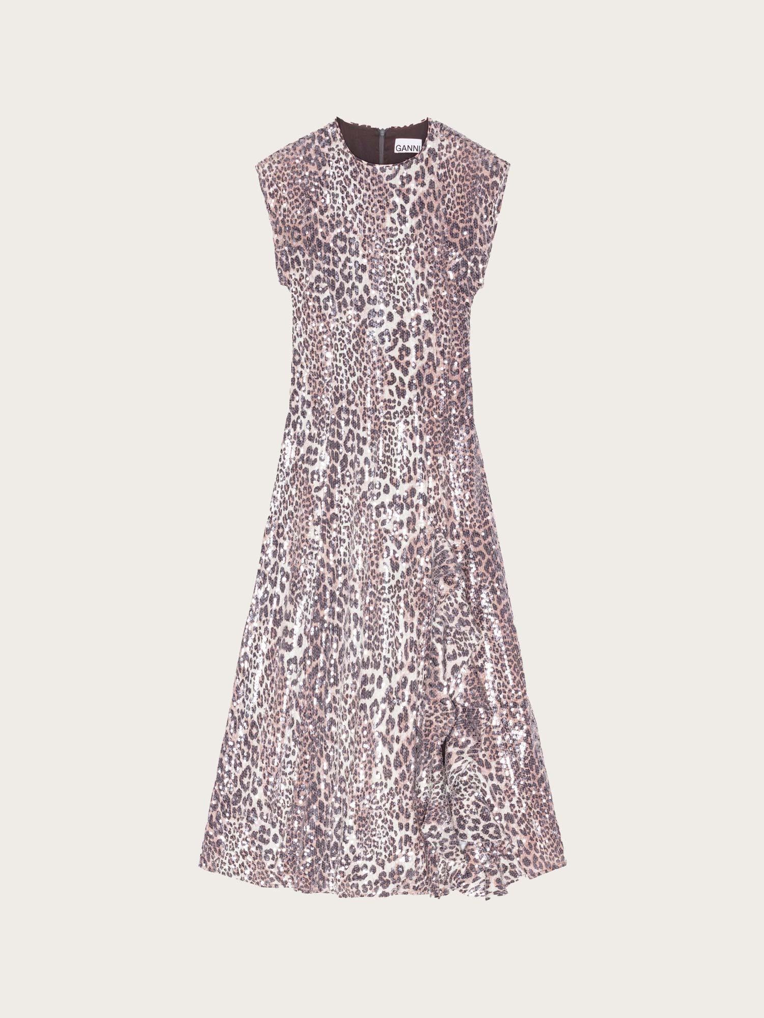 Printed Stretch Sequins Slit Long Dress - Leopard