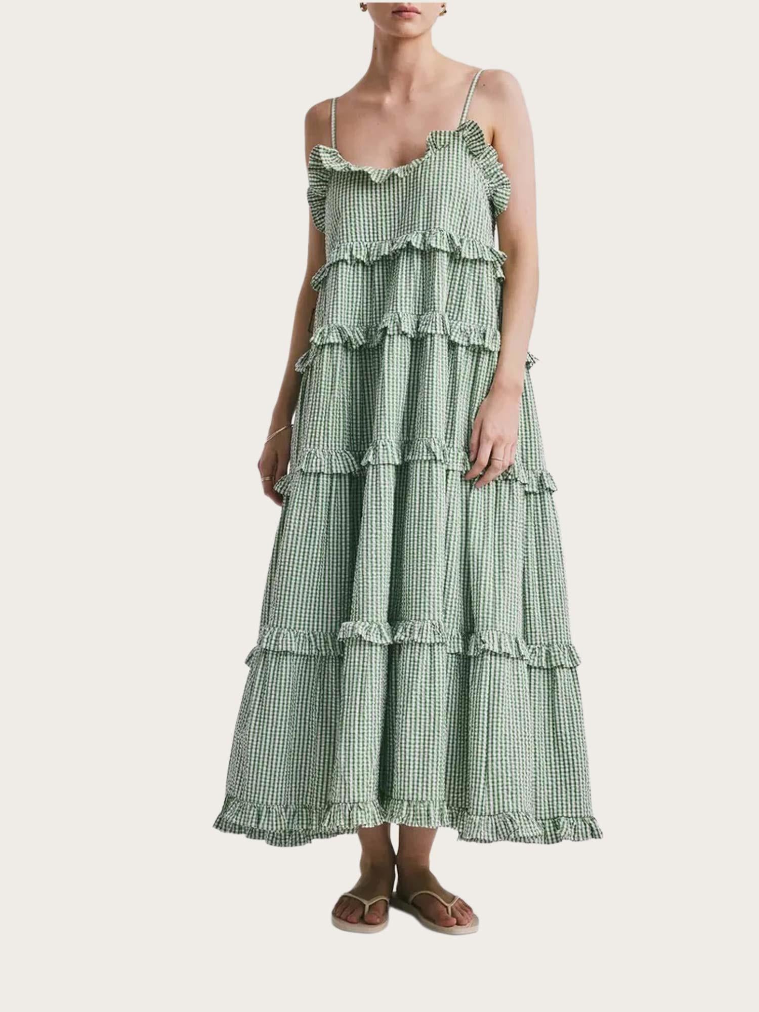 Seersucker Strap Dress - Green Checks