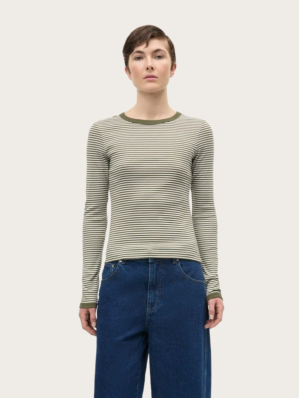 Grace Jersey Stripe Camille Tee LS - White/Tarmac