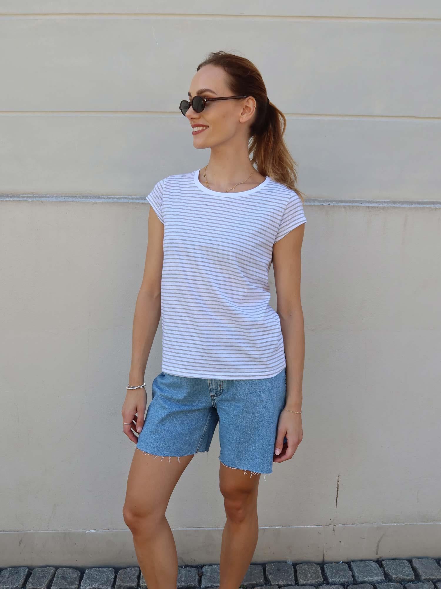 Fine Jersey Stripe Teasy Tee - Brilliant White/Light Grey