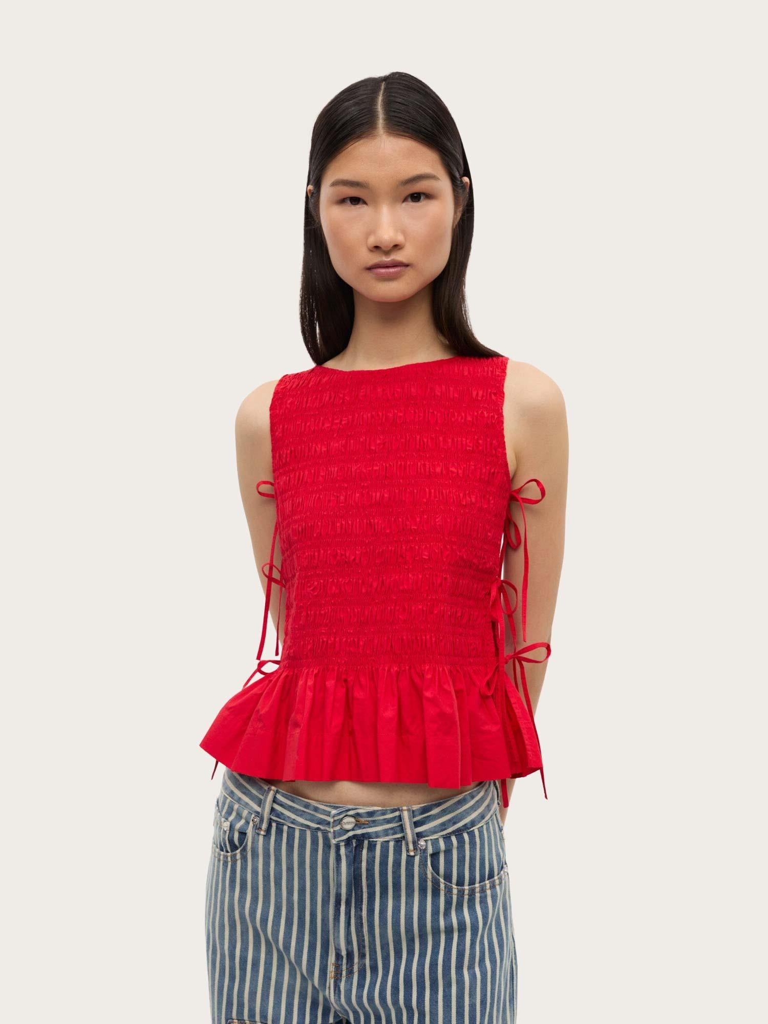 W0904 Cotton Poplin Smock Tie String Top - Racing Red