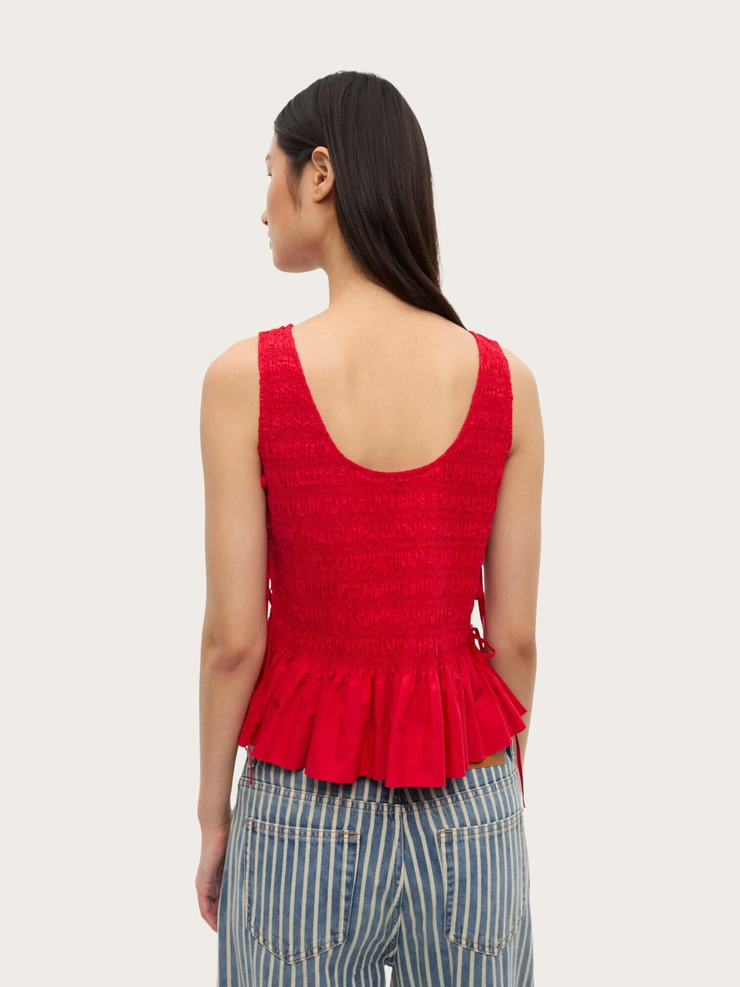 W0904 Cotton Poplin Smock Tie String Top - Racing Red