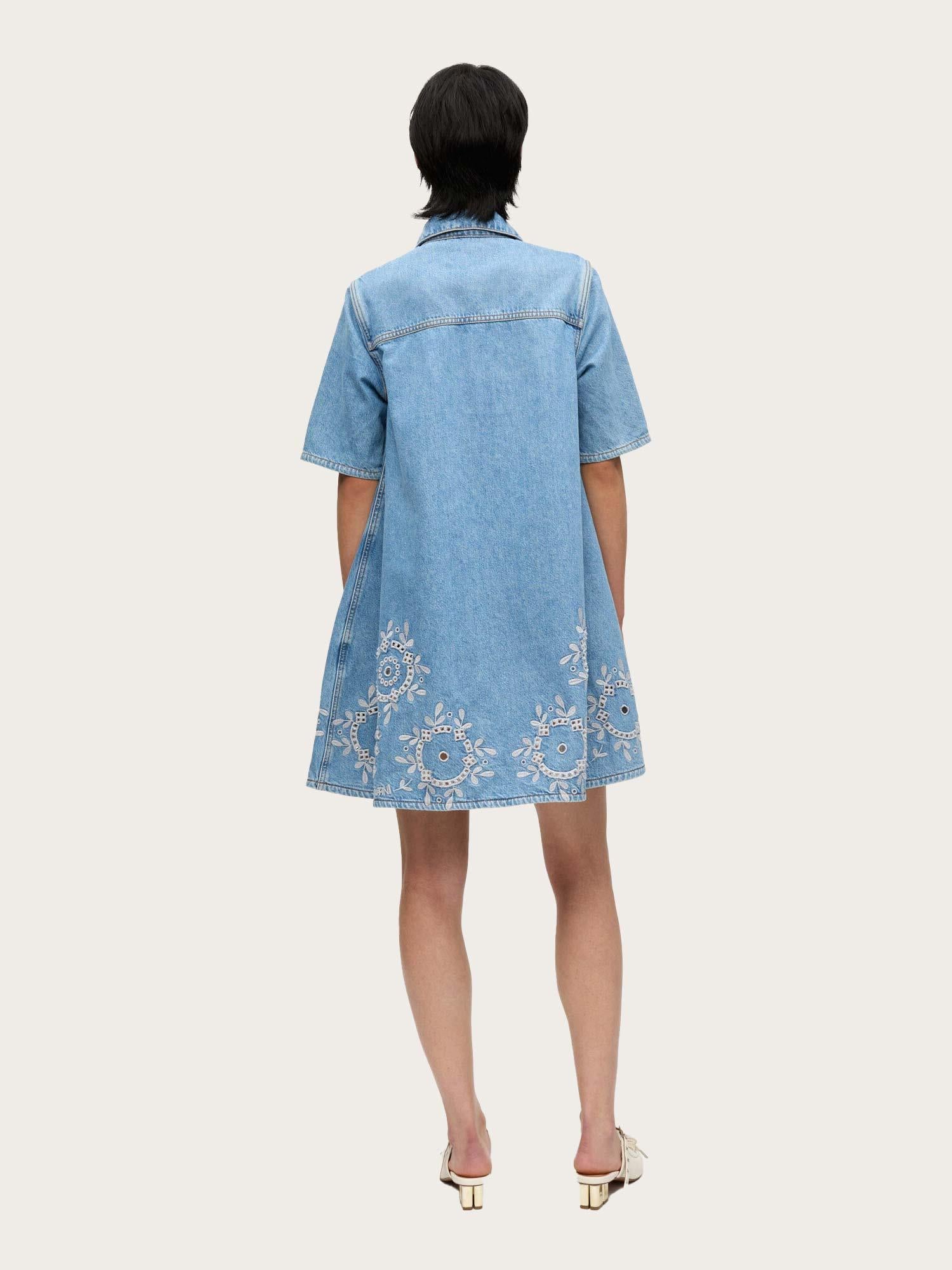 Broderie Anglaise Denim Mini Dress - Light Blue Stone