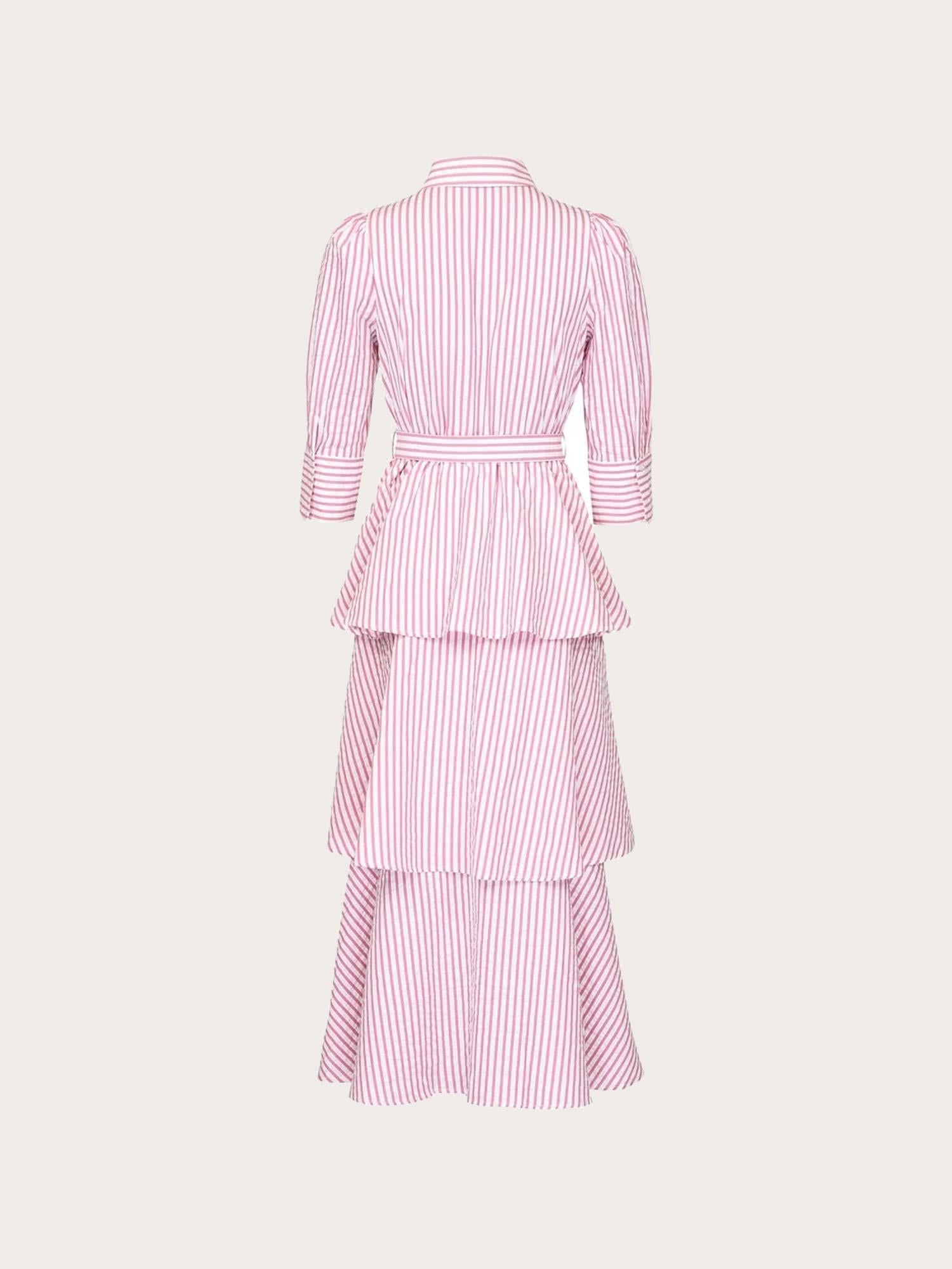 Seersucker Flounce Dress - Pink Stripe