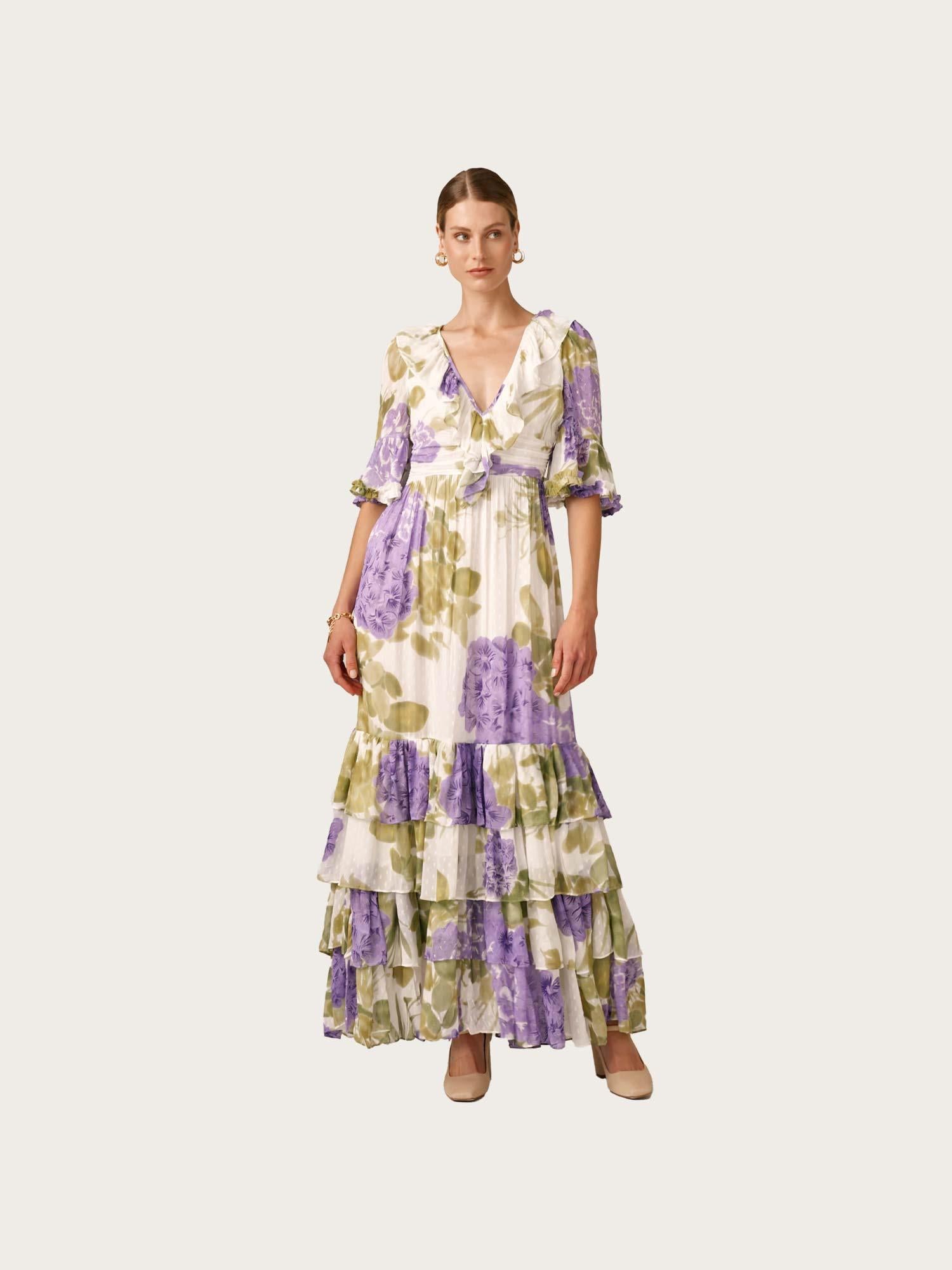 Dotted Georgette Rouching Dress - Purple Flowerfield