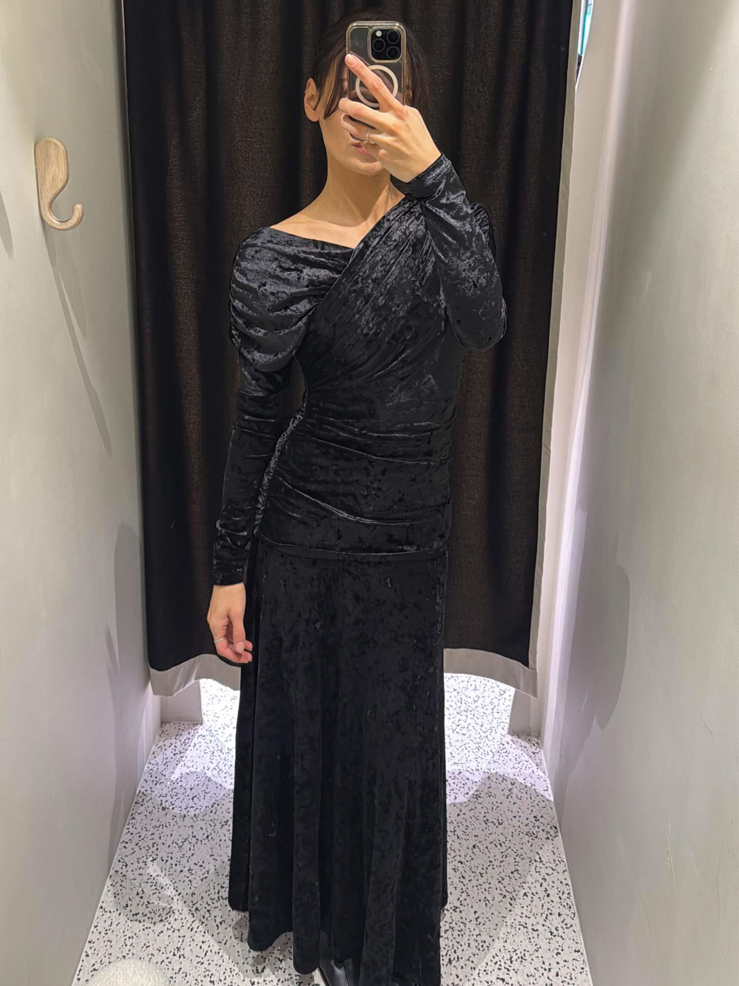 Velour Jersey Ruched Long Dress - Black