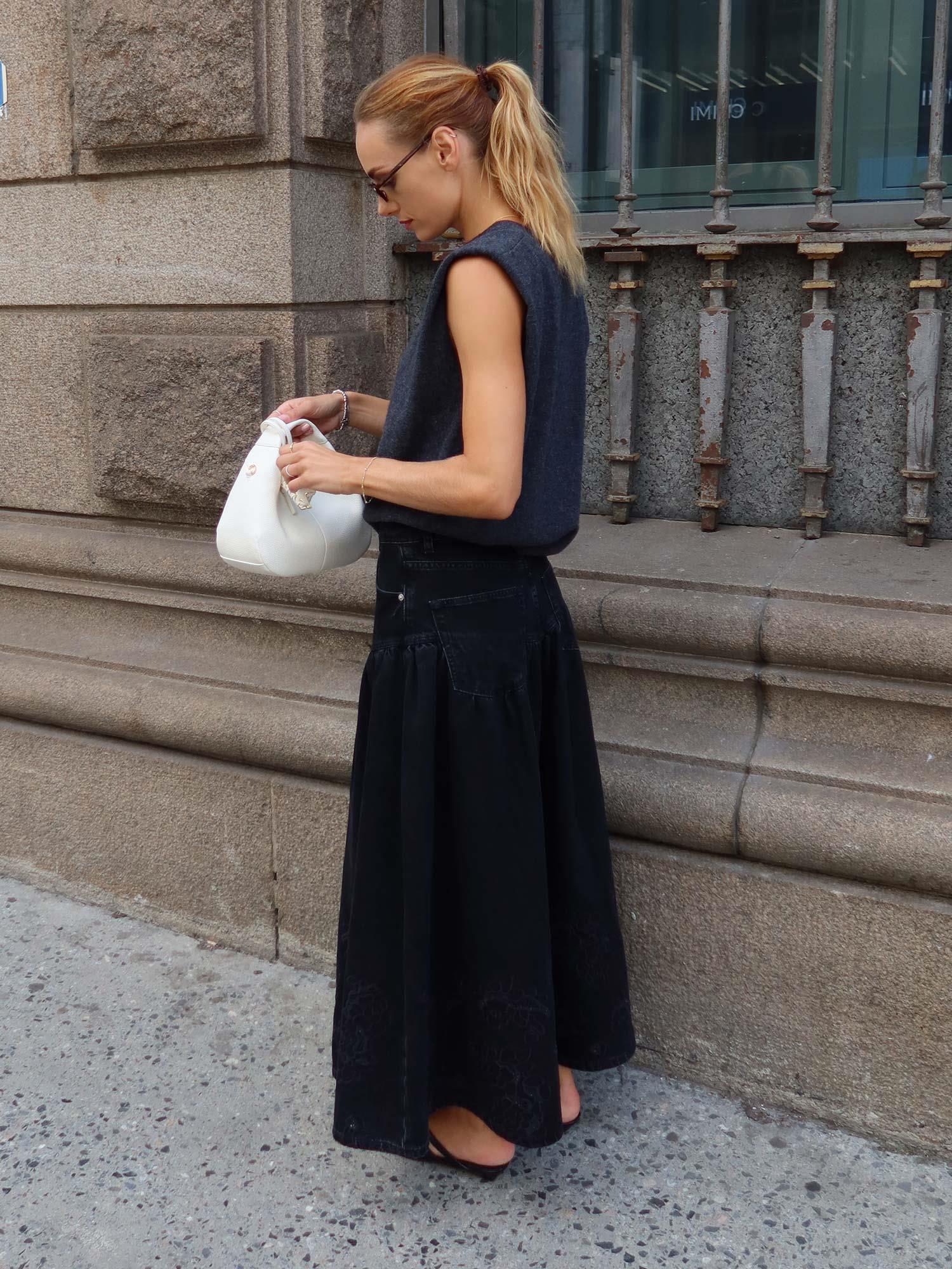 Broderie Anglaise Denim Midi Skirt - Black Washed
