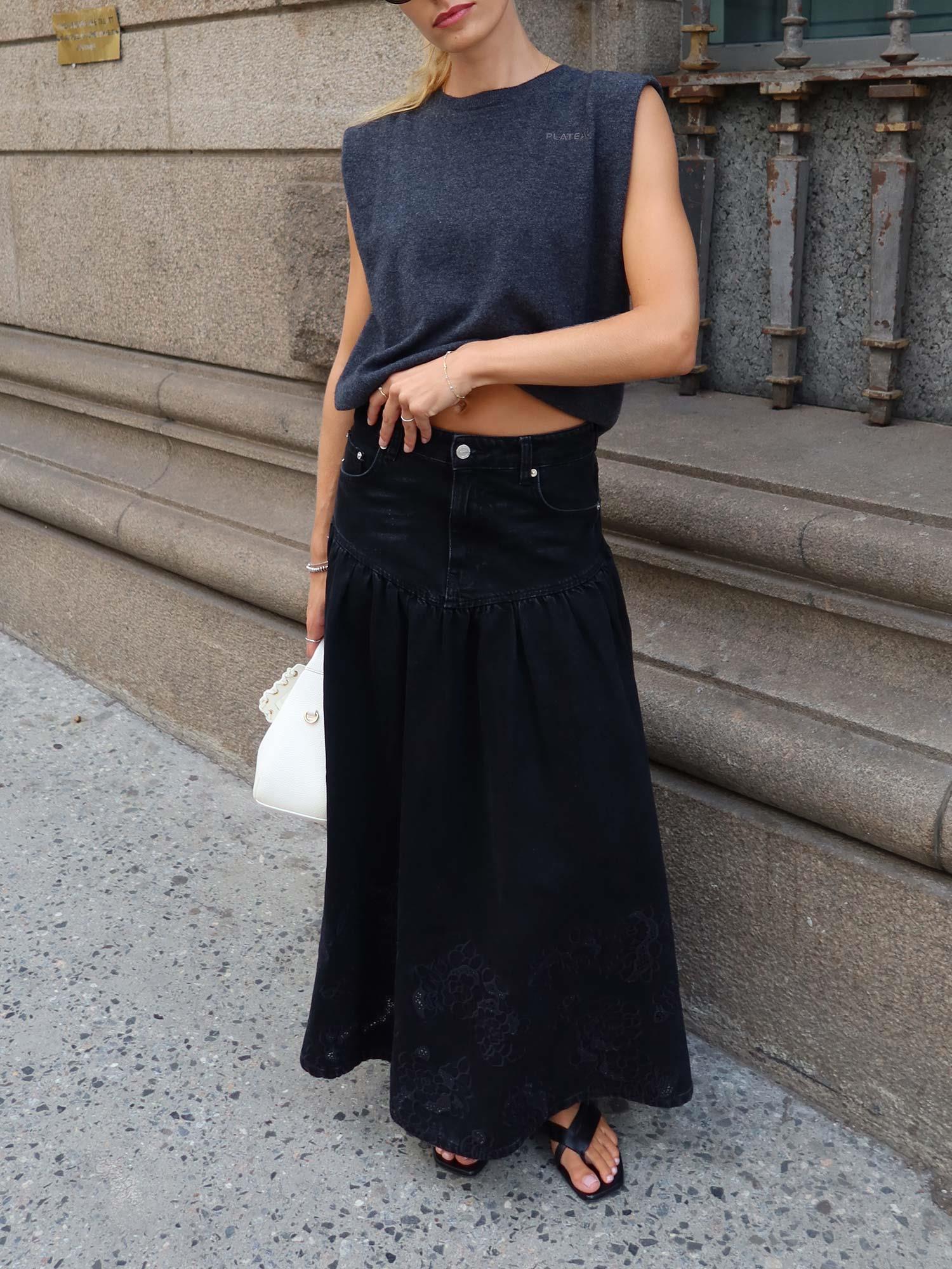 Broderie Anglaise Denim Midi Skirt - Black Washed