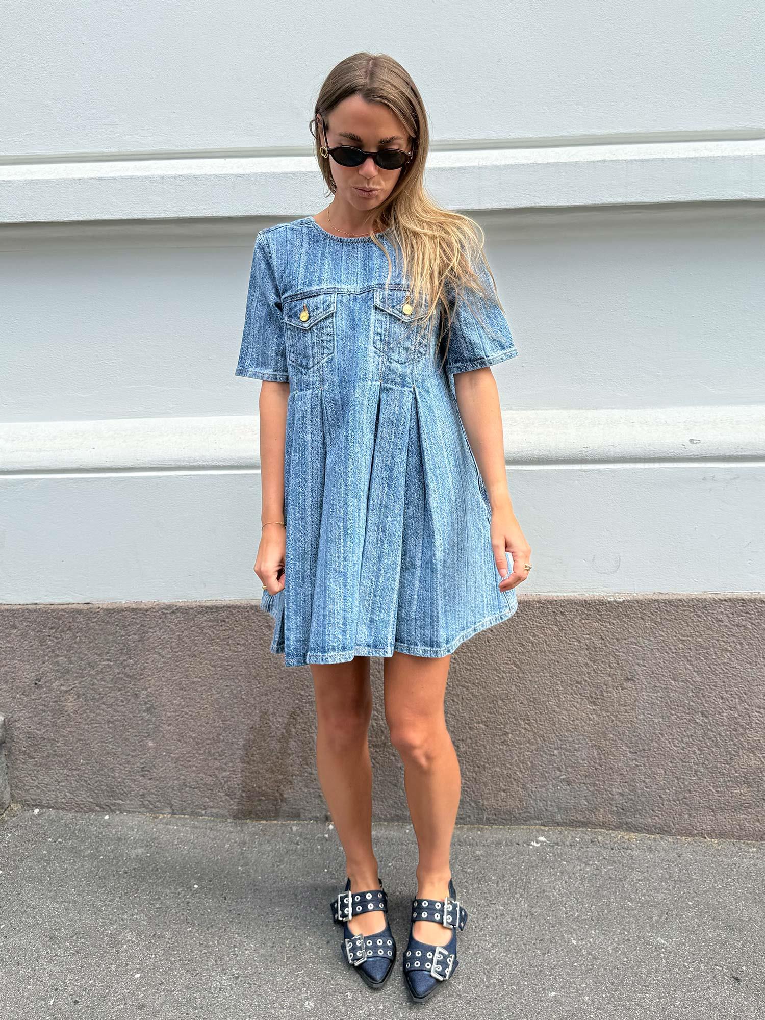 Structured Denim Open-Back Mini Dress - Mid Blue Stone