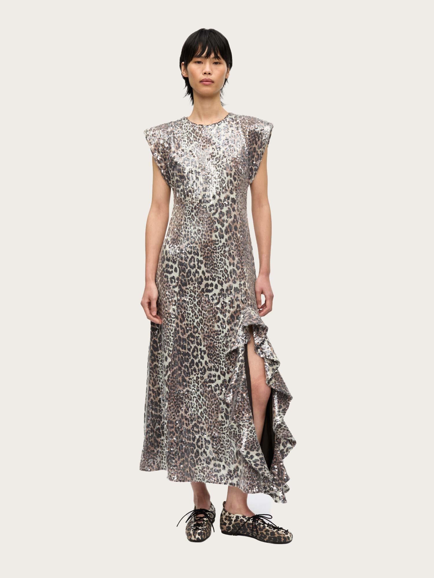 Printed Stretch Sequins Slit Long Dress - Leopard