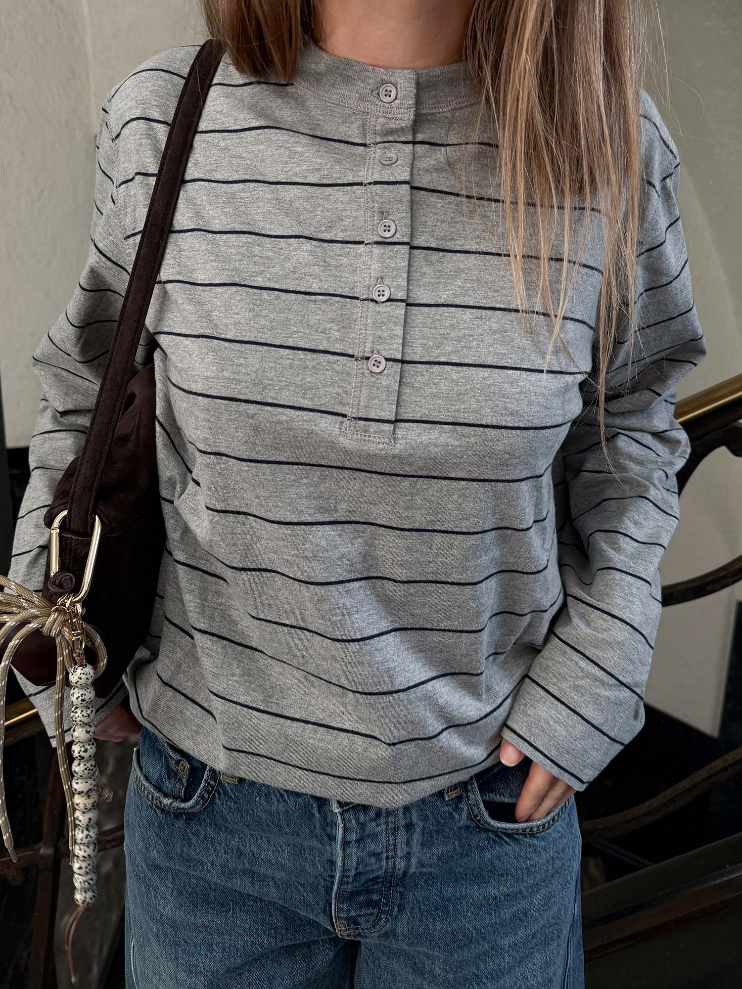 Enkulla LS O-N Tee Str - Grey/Navy Stripe