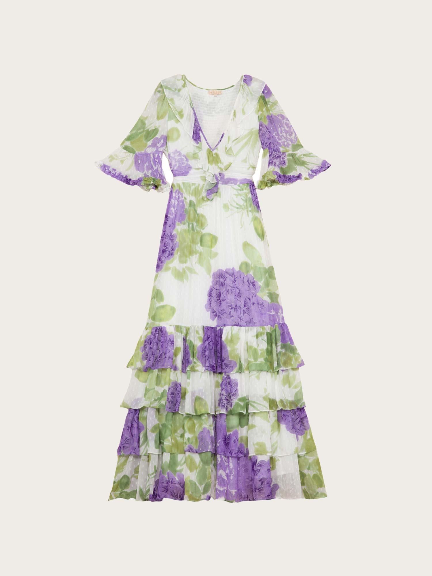 Dotted Georgette Rouching Dress - Purple Flowerfield