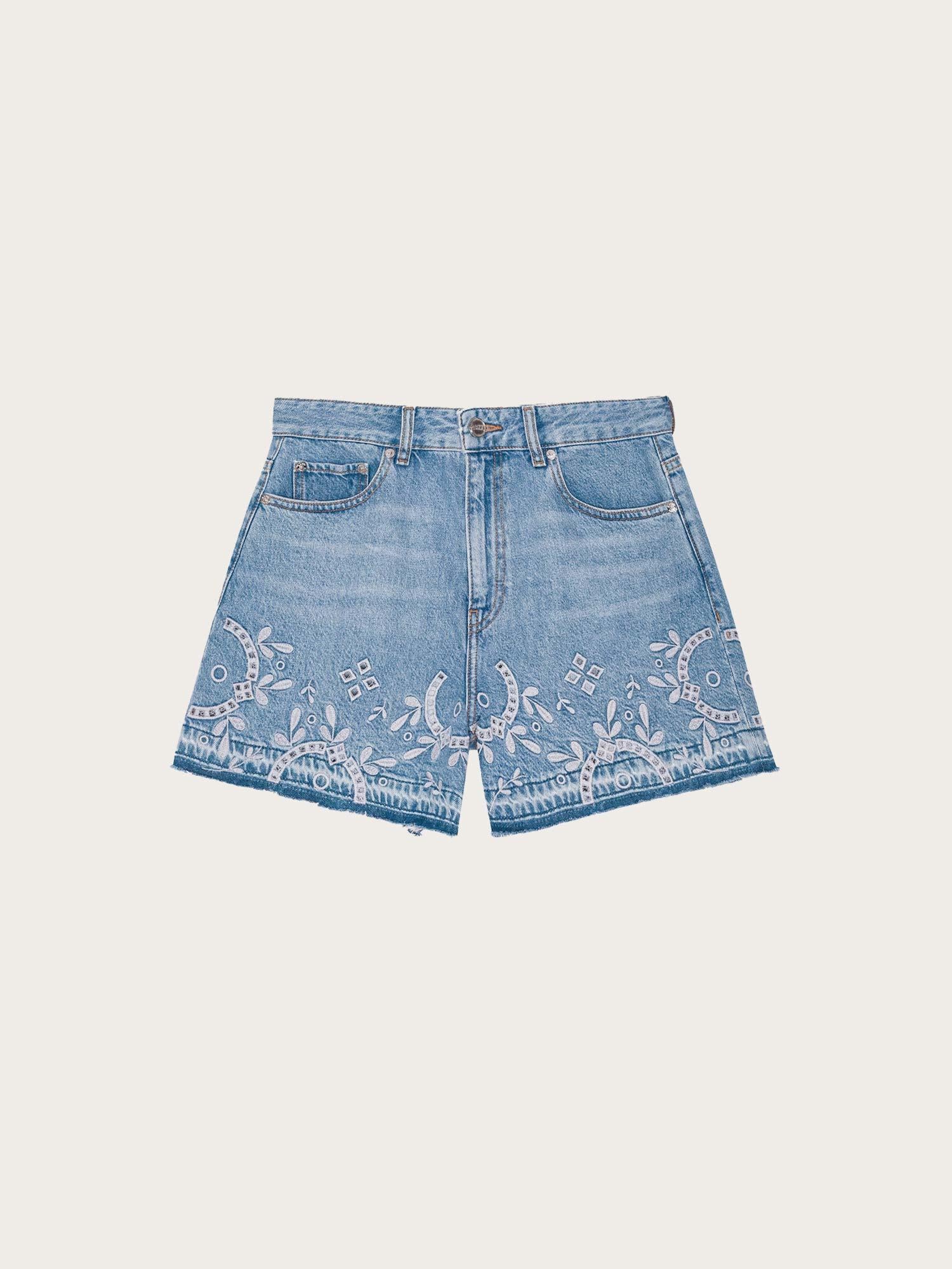 Broderie Anglaise Denim Shorts - Light Blue Stone