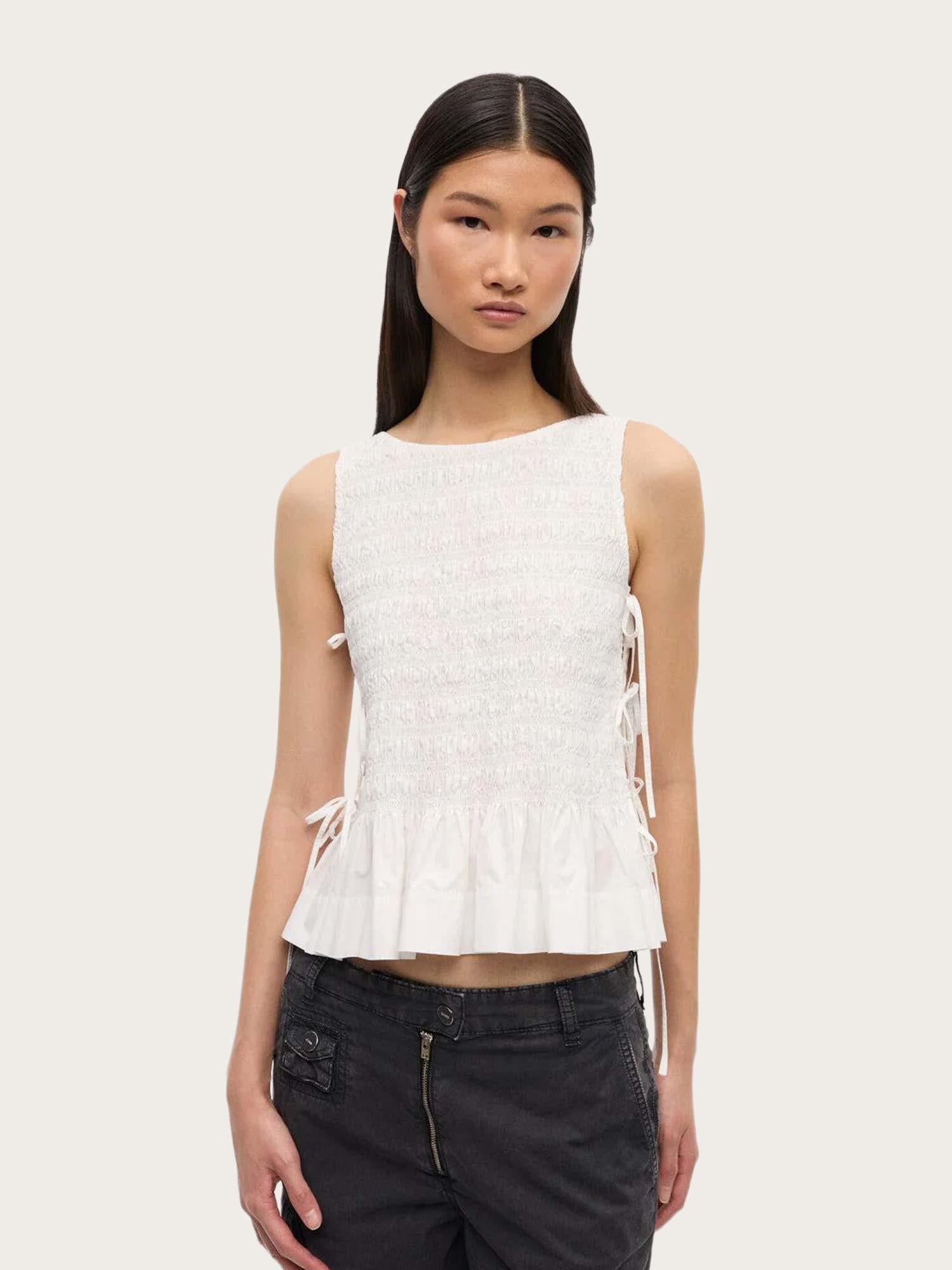 Cotton Poplin Smock Tie String Top - Birght White