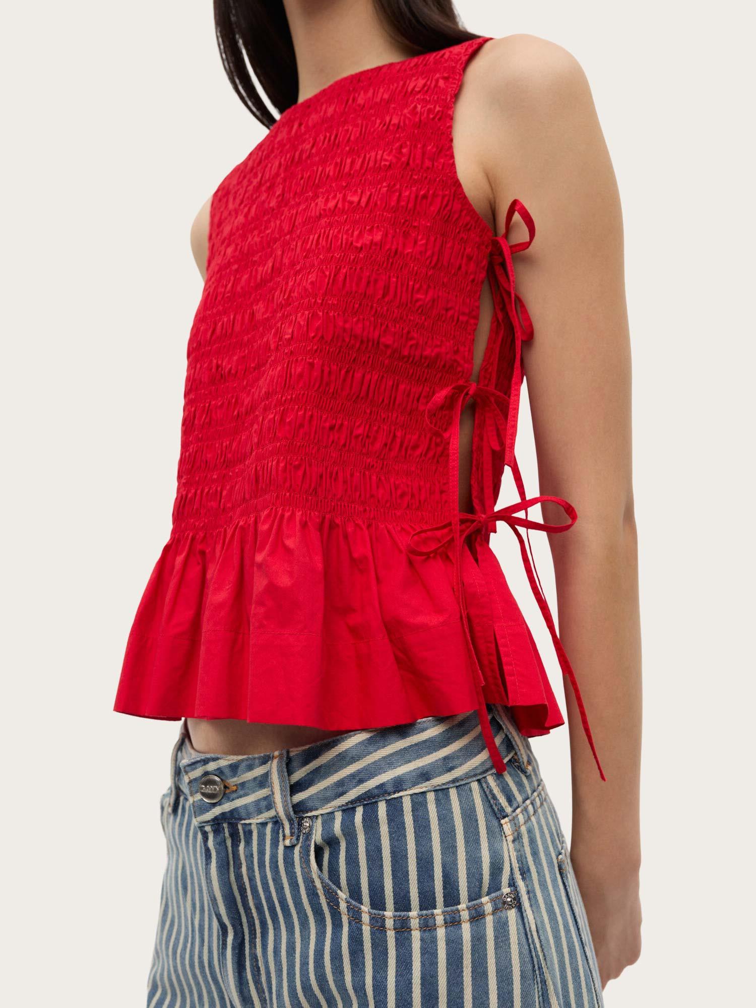 W0904 Cotton Poplin Smock Tie String Top - Racing Red