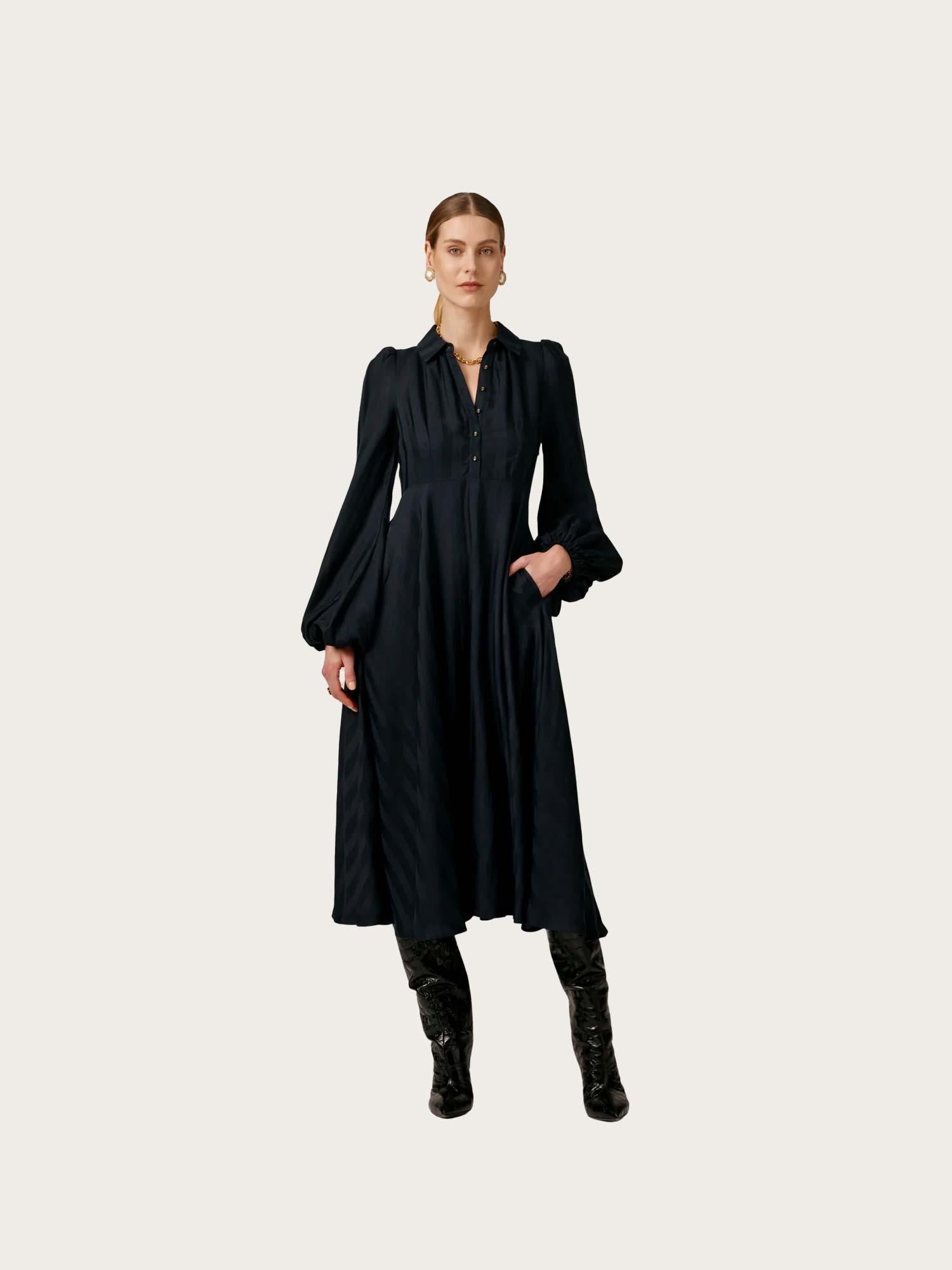 Striped Collared Midi Dress - Black