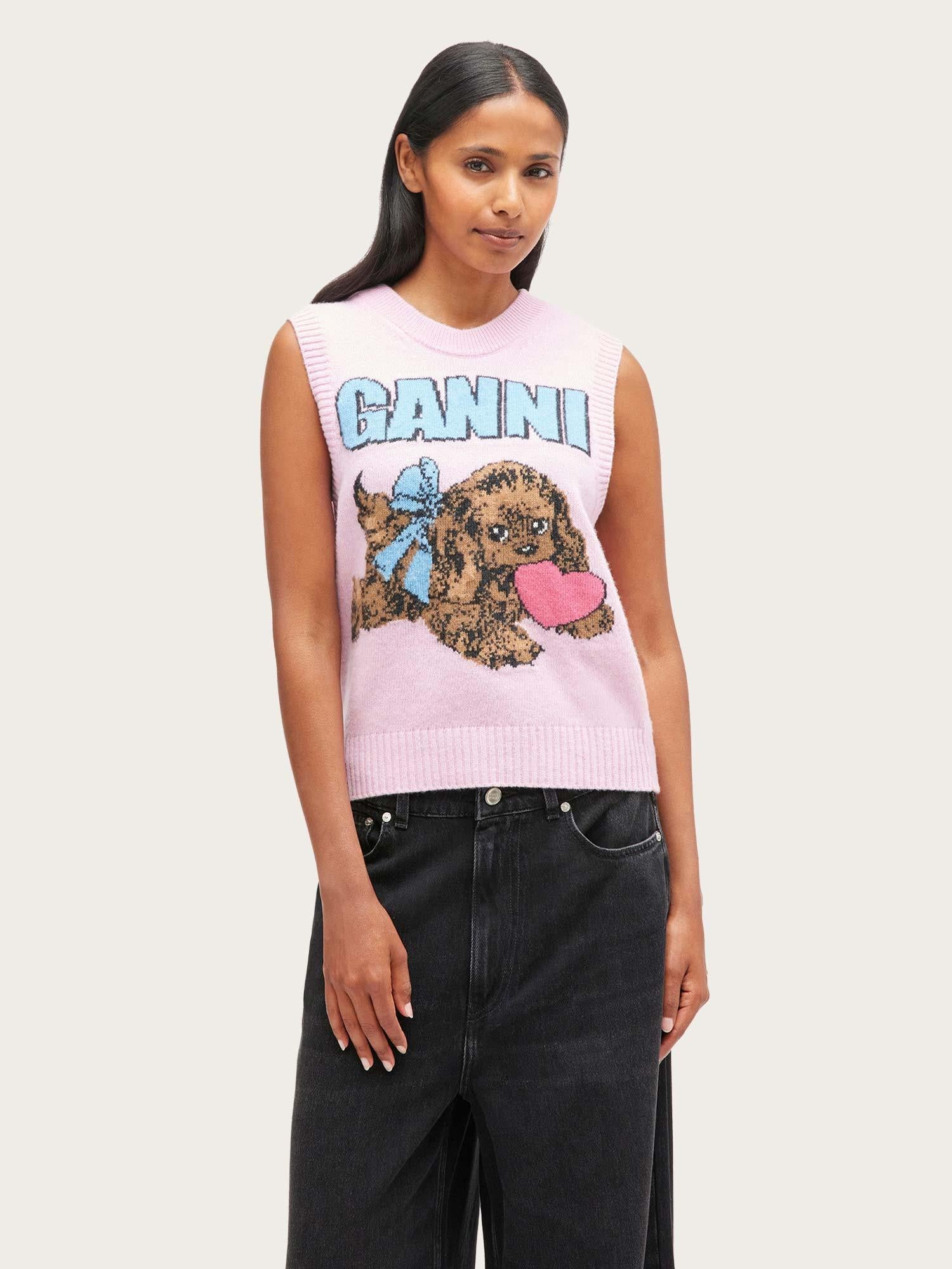 Graphic Wool Mix Pink Puppy Love Vest - Chalk Pink