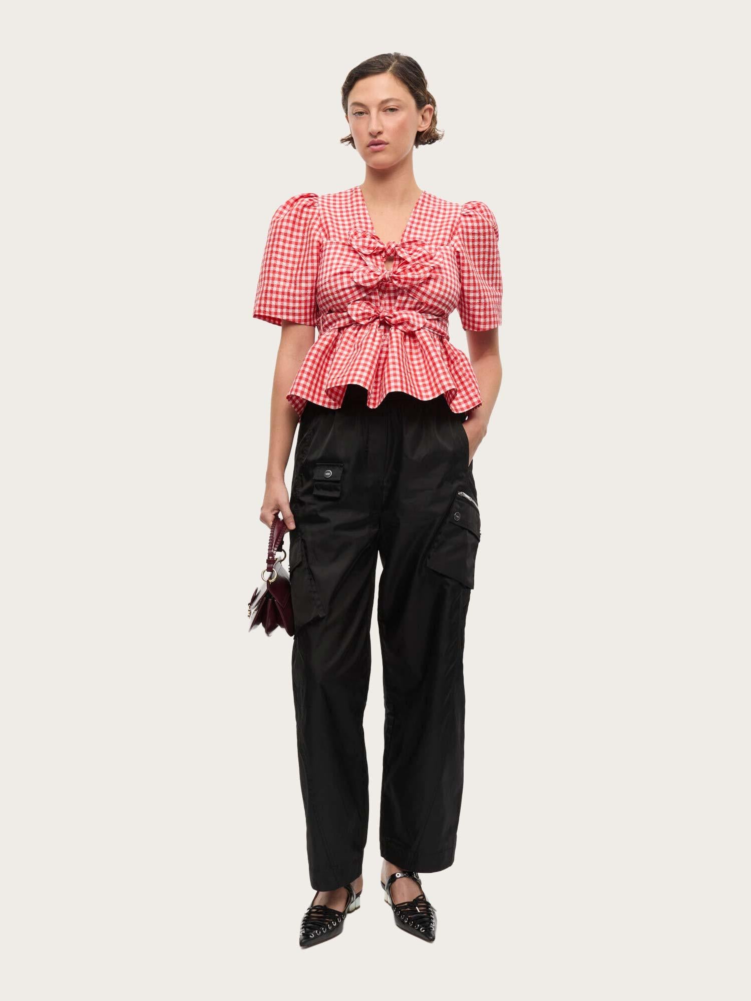 Crinkled Taffeta Check Tie Strap Blouse - Red Alert