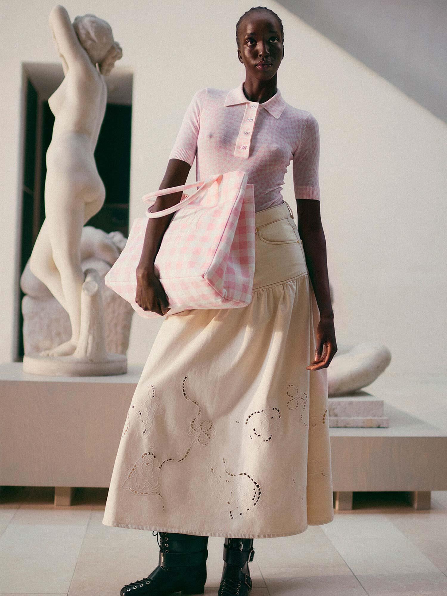 Broderie Anglaise Denim Long Skirt - Egret
