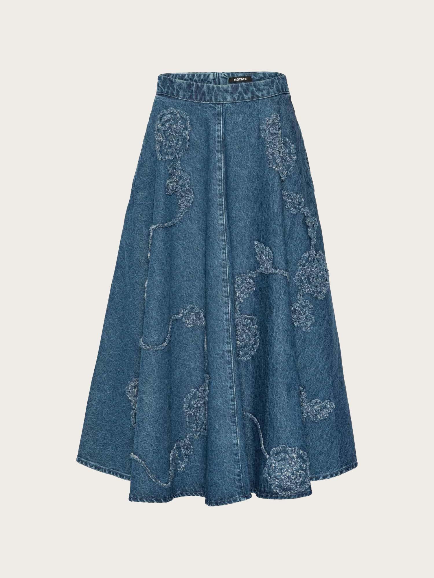 Denim Flower Midi Skirt - Medium Blue Denim