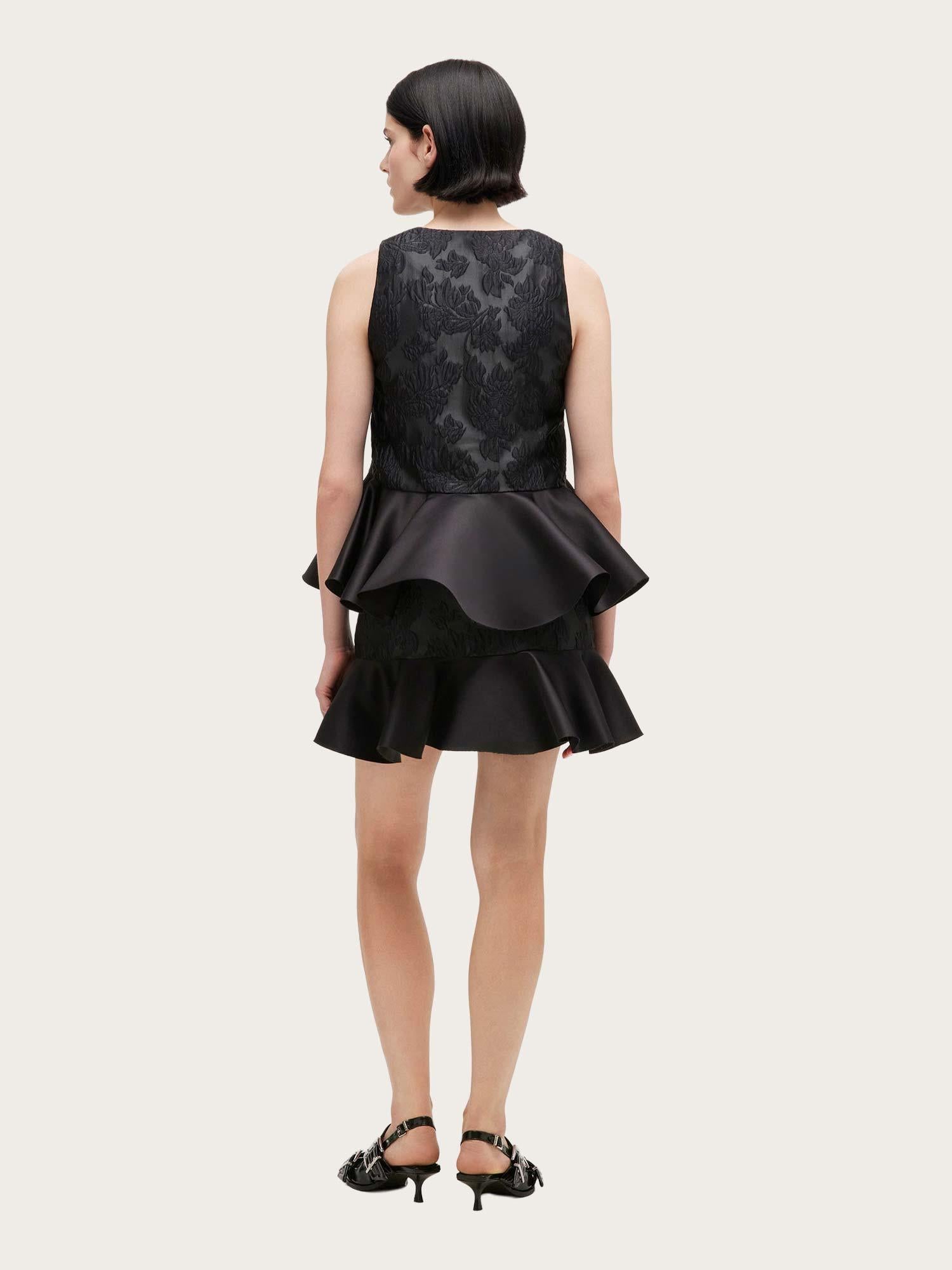 Satin Cloque Sleeveless Peplum Blouse - Black