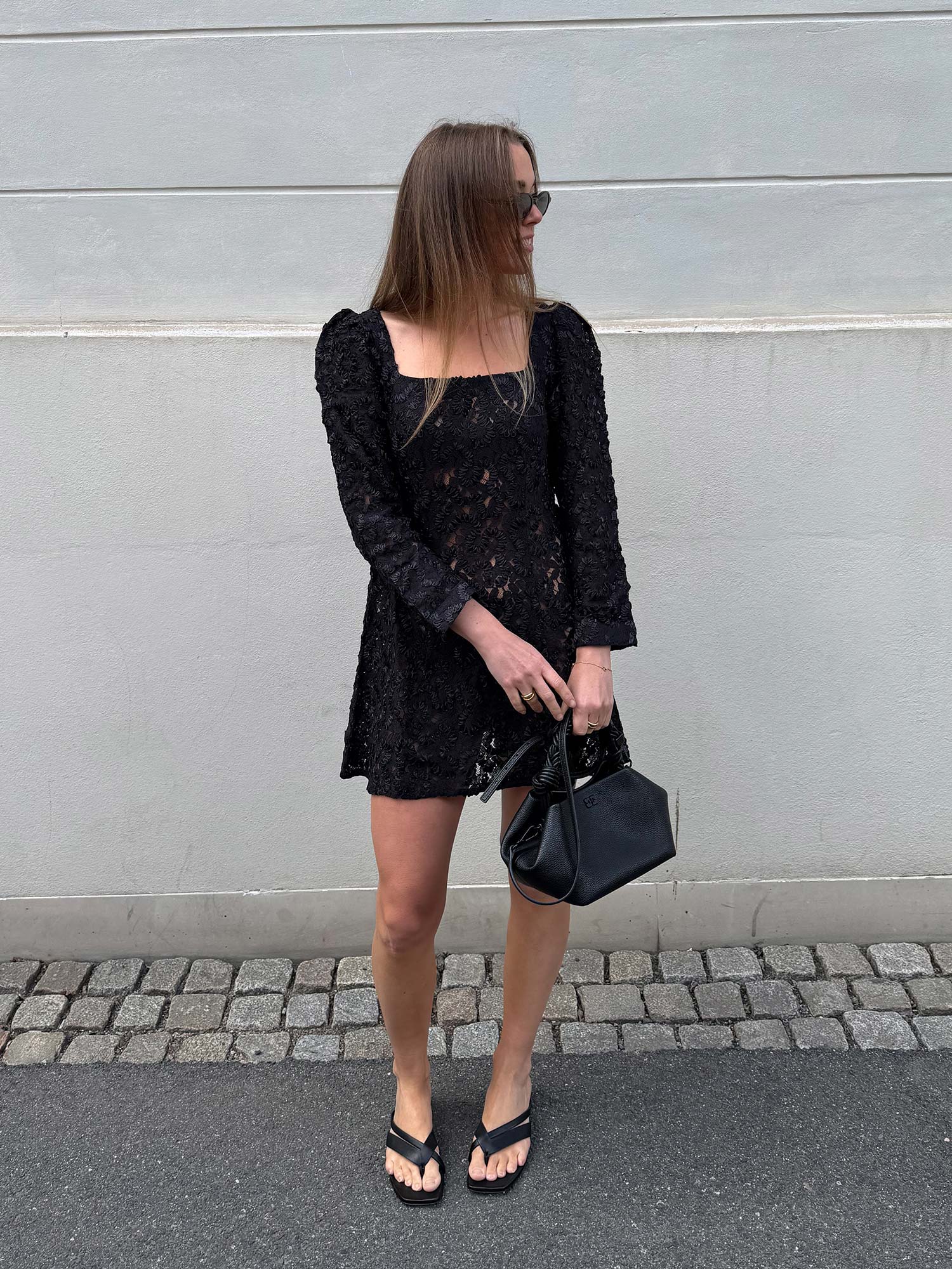 Embroidery Lace Mini Dress - Black